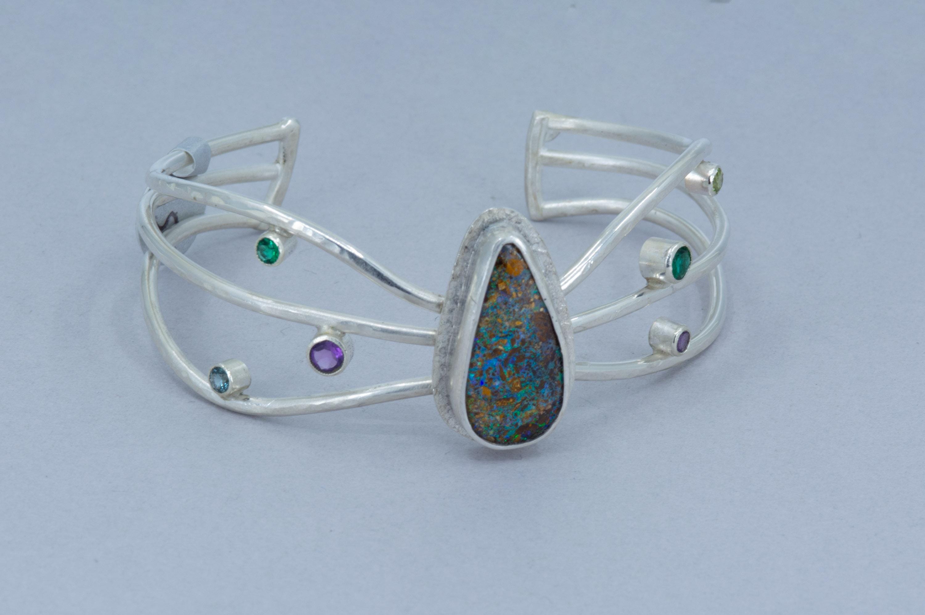 Boulder Opal Cuff Bracelet: Sterling Silver, Emerald, Amethyst