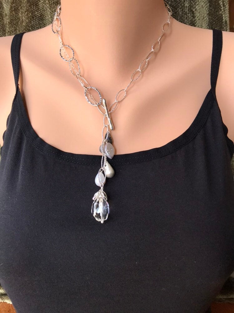 Clear Quartz Lariat Necklace: Sterling Silver Chain, Gemstone Dangles