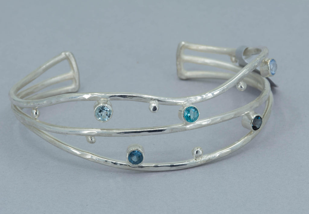 Blue Gemstone Sterling Silver Cuff Bracelet: Sapphire, Topaz, Aquamarine