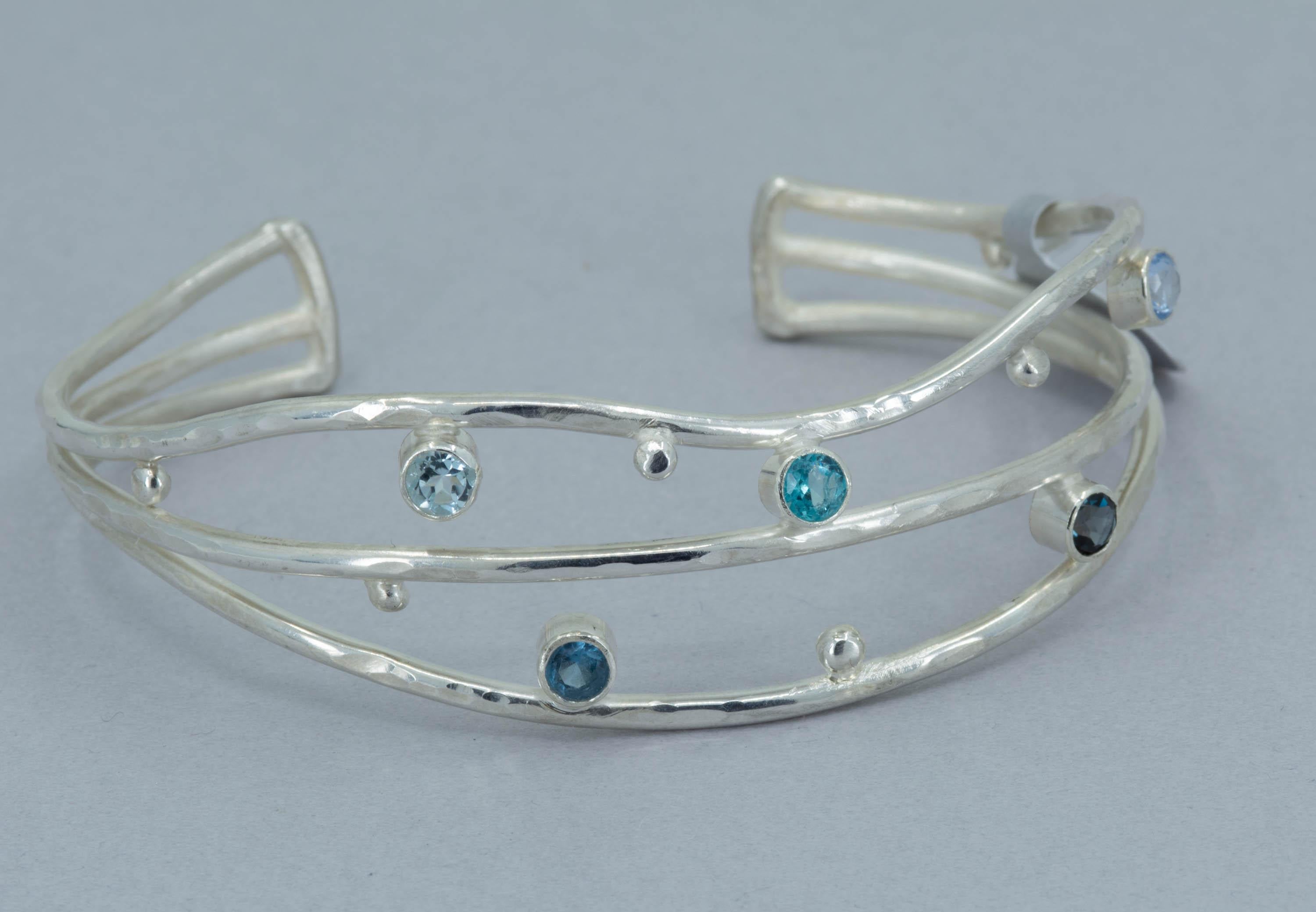 Blue Gemstone Sterling Silver Cuff Bracelet: Sapphire, Topaz, Aquamarine