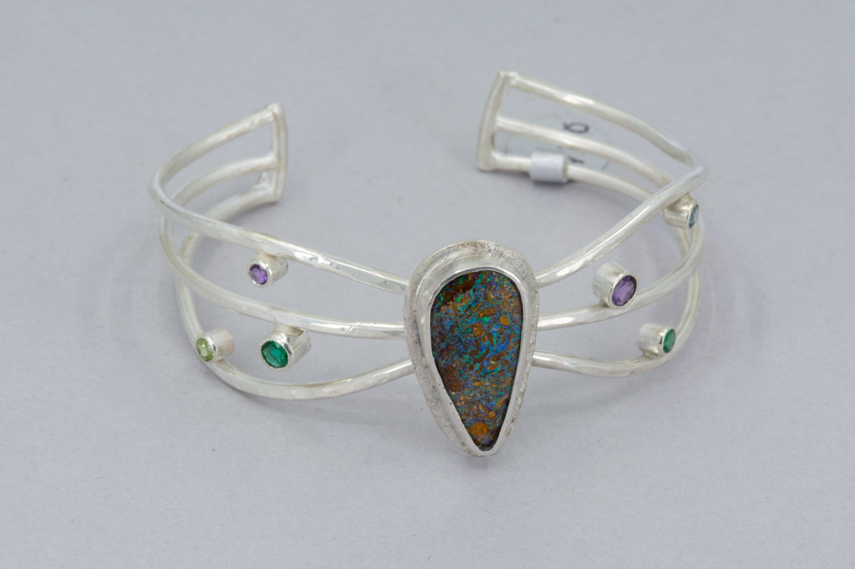 Boulder Opal Cuff Bracelet: Sterling Silver, Emerald, Amethyst