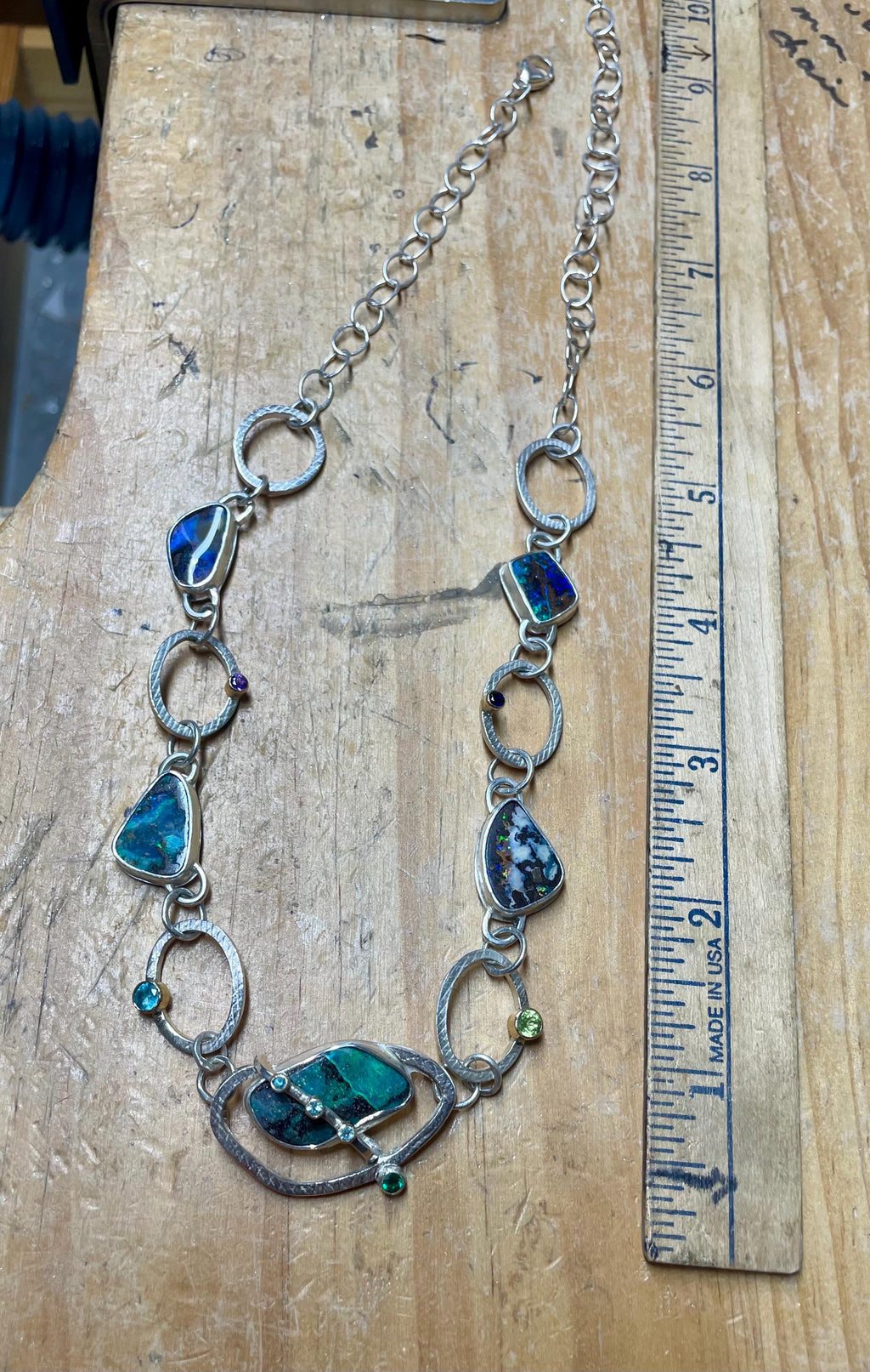 Boulder Opal Chain Link Necklace in Sterling Silver and Gold, OOAK