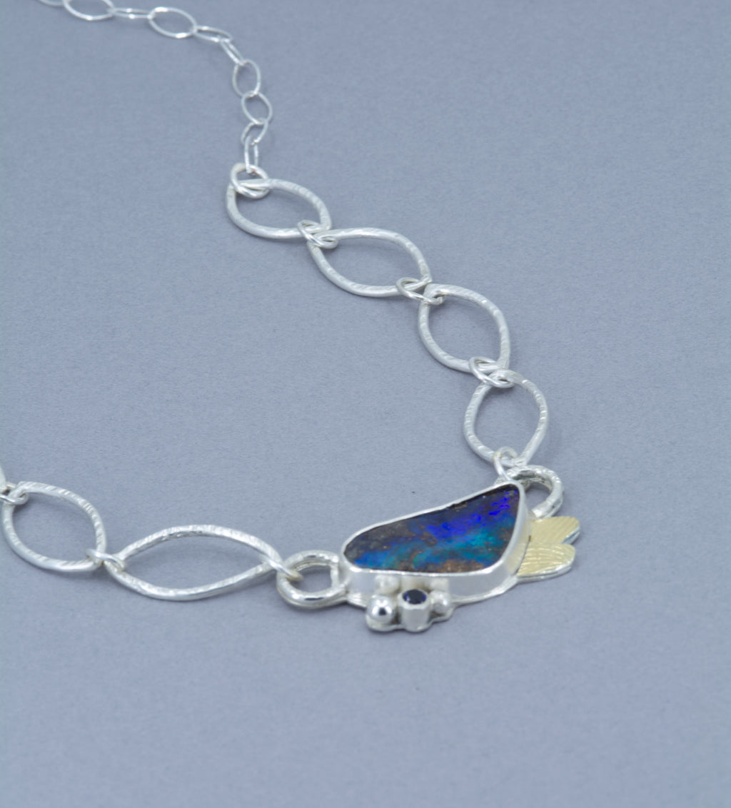 Boulder Opal Necklace with Sapphire: Sterling Silver, Gold, - OOAK Australian Opal
