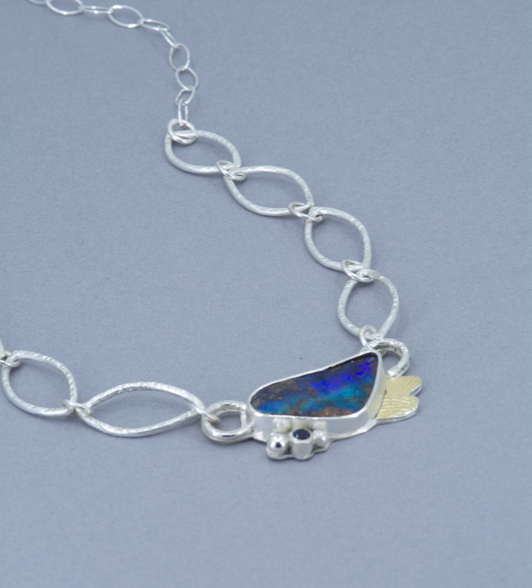 Boulder Opal Necklace with Sapphire: Sterling Silver, Gold, - OOAK Australian Opal