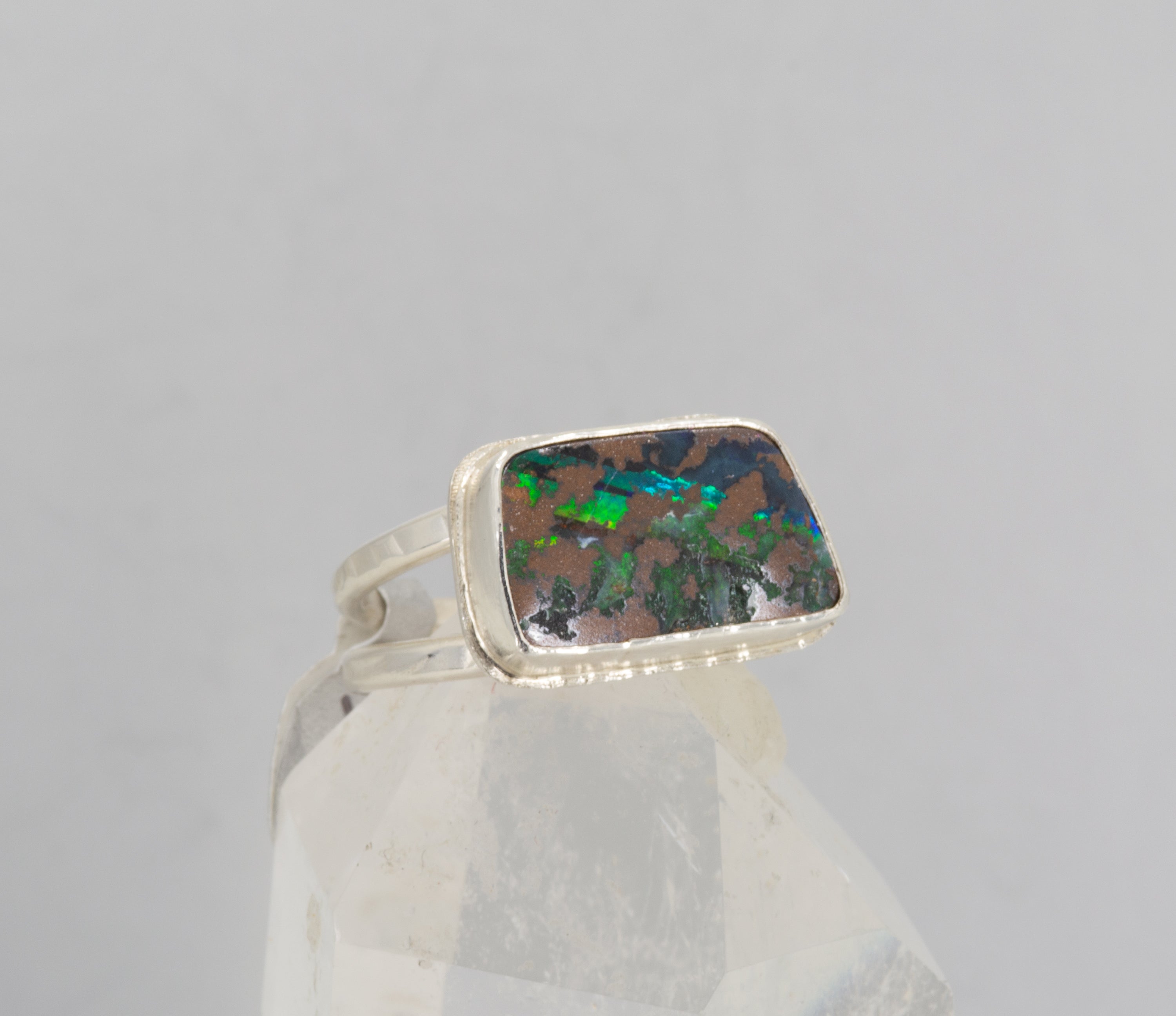 Boulder Opal Ring: Sterling Silver Rectangular Opal, US Size 7.25