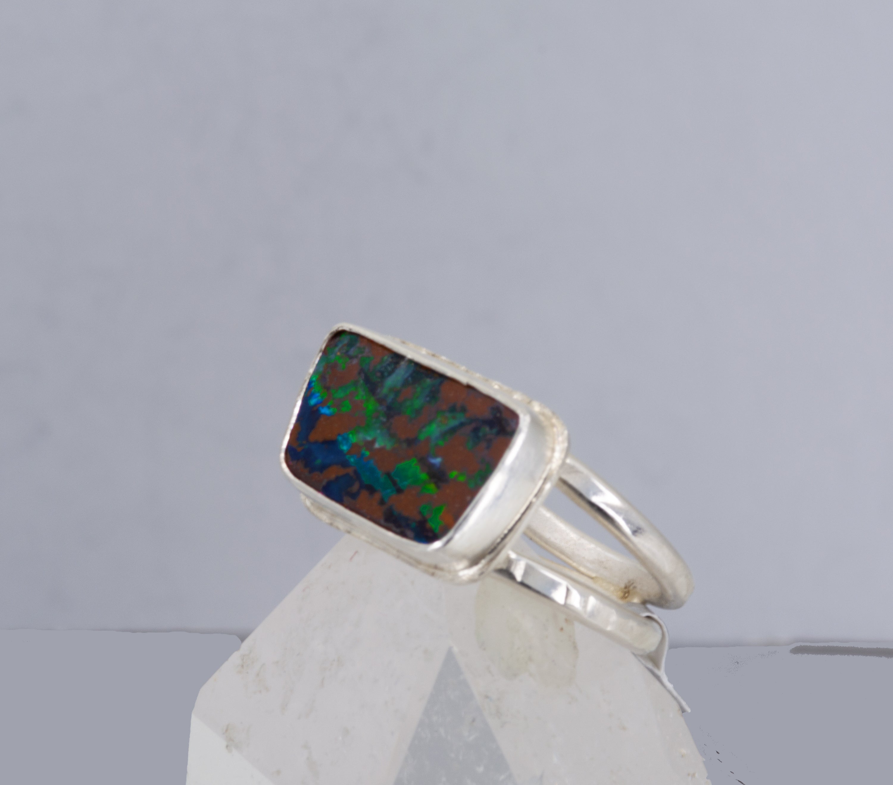 Boulder Opal Ring: Sterling Silver Rectangular Opal, US Size 7.25
