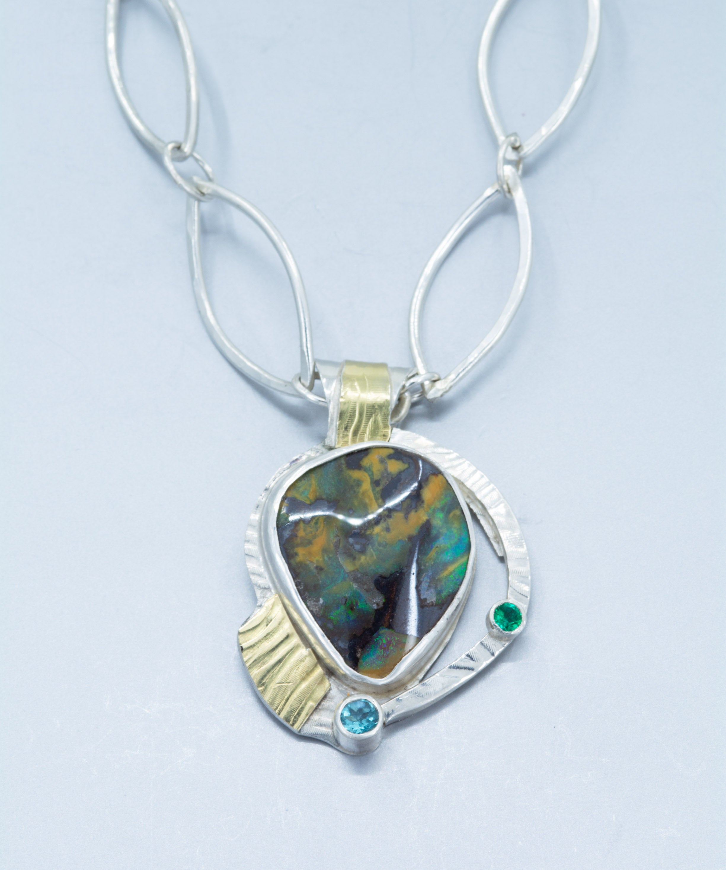 Boulder Opal Necklace in Sterling Silver and Gold, Green Flash Opal Pendant, OOAK