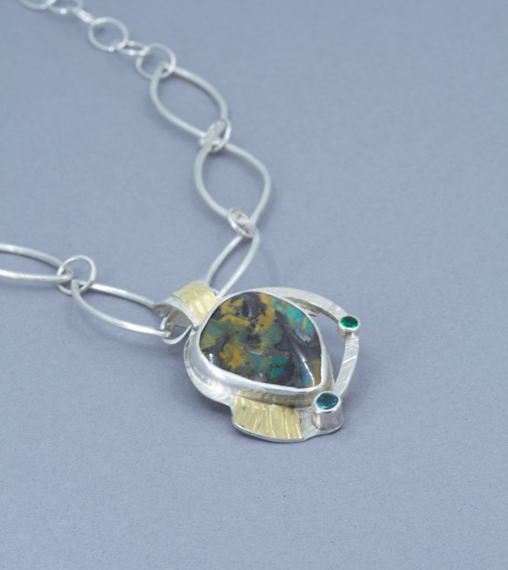 Boulder Opal Necklace in Sterling Silver and Gold, Green Flash Opal Pendant, OOAK