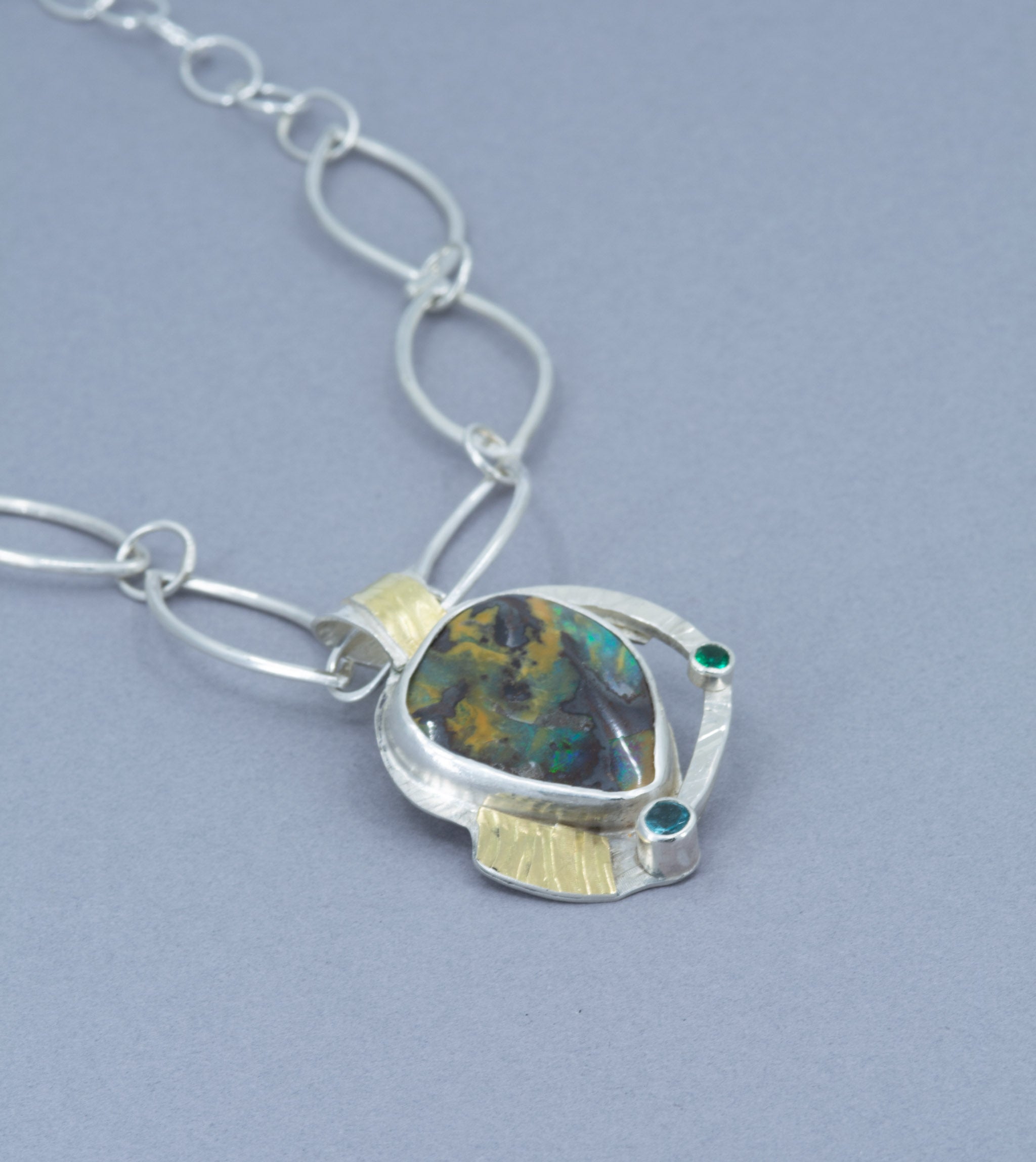 Boulder Opal Necklace in Sterling Silver and Gold, Green Flash Opal Pendant, OOAK