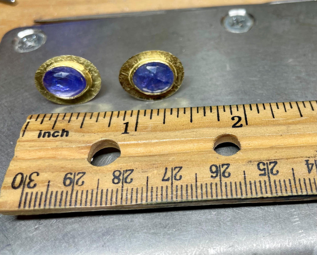 18K Gold Tanzanite Stud Earrings: Rose Cut, Sterling Silver Back