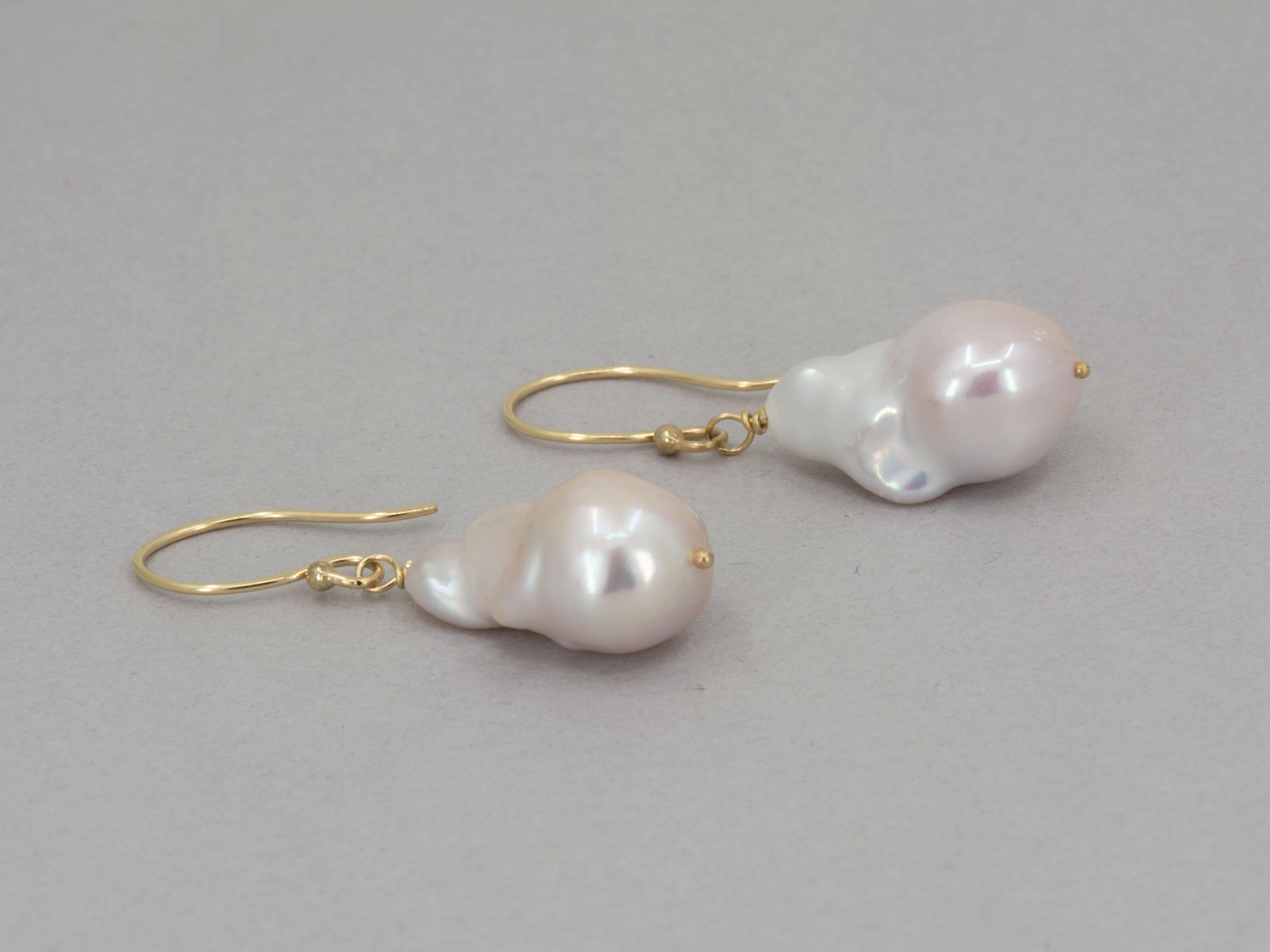 14K Gold Baroque Pearl Dangle Earrings: Large White Pearl, June Birthstone