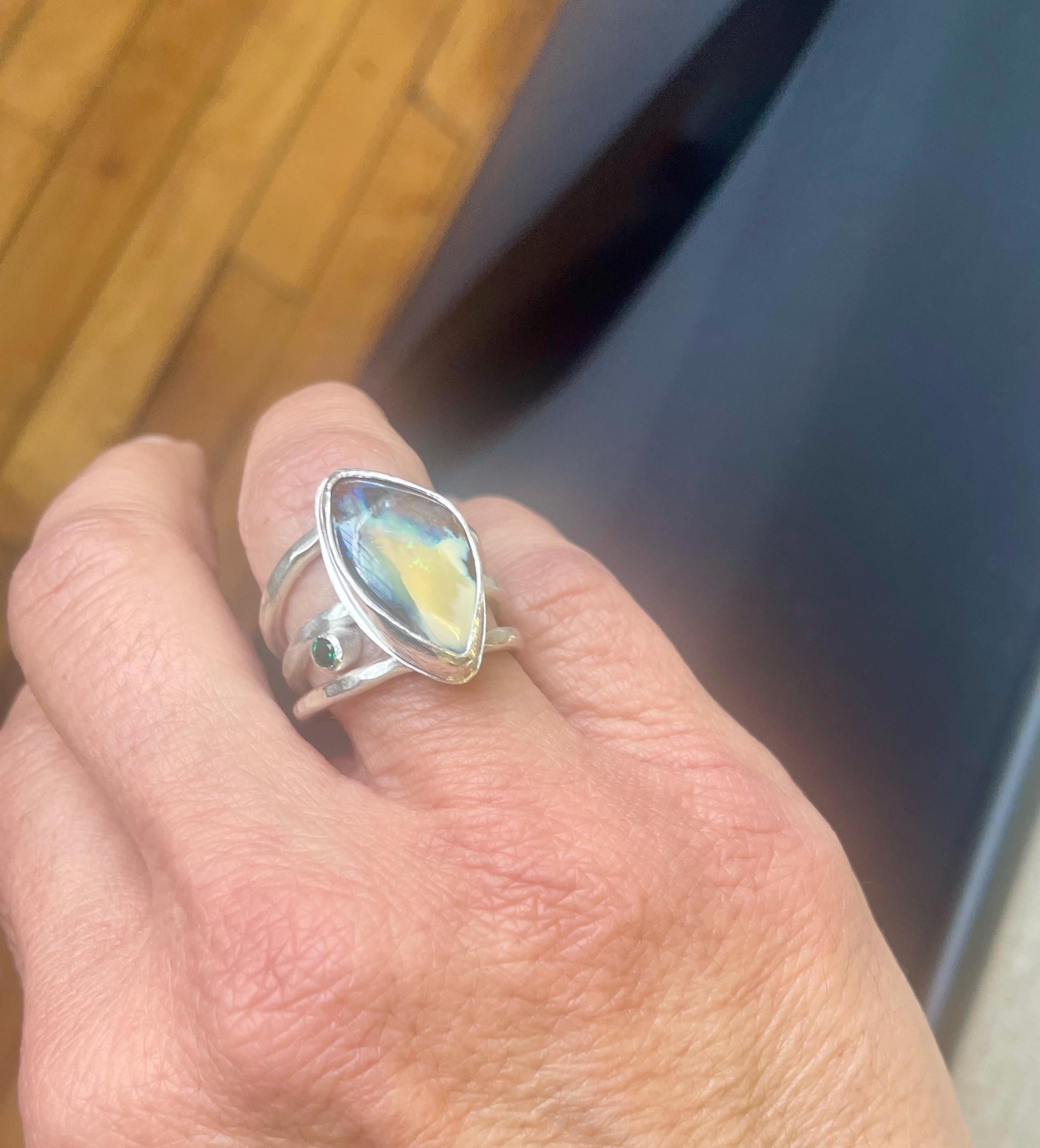 Boulder Opal Ring: Argentium Silver, Emerald Accent, US Size 7.5