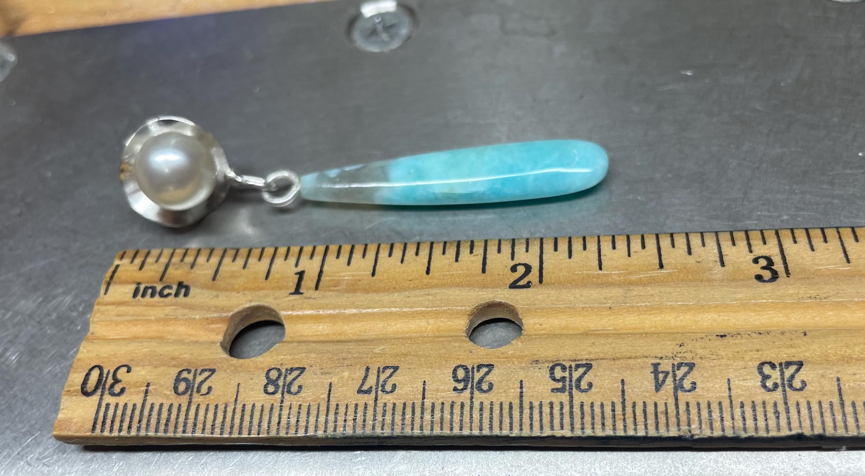 Ocean Blue Amazonite and Pearl Earrings on Post, Long Statement Dangle Earrings, OOAK