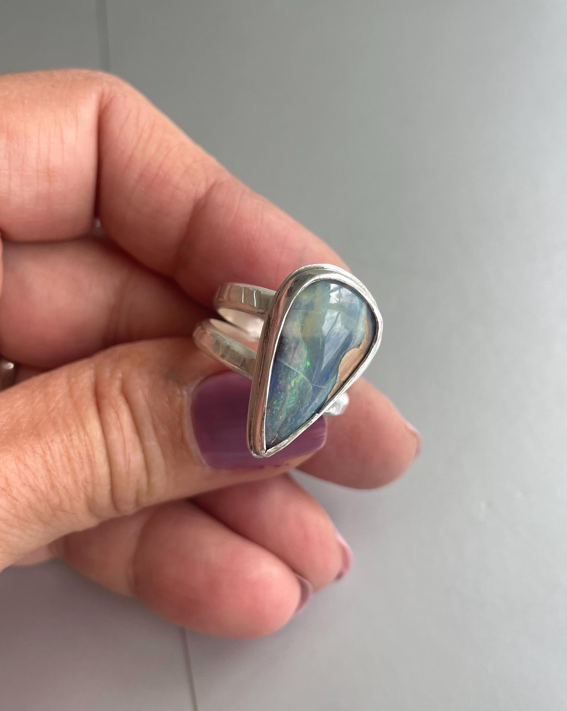 Boulder Opal Ring: Large Pear-Shaped Pastel Argentium Silver, US Size 8.5