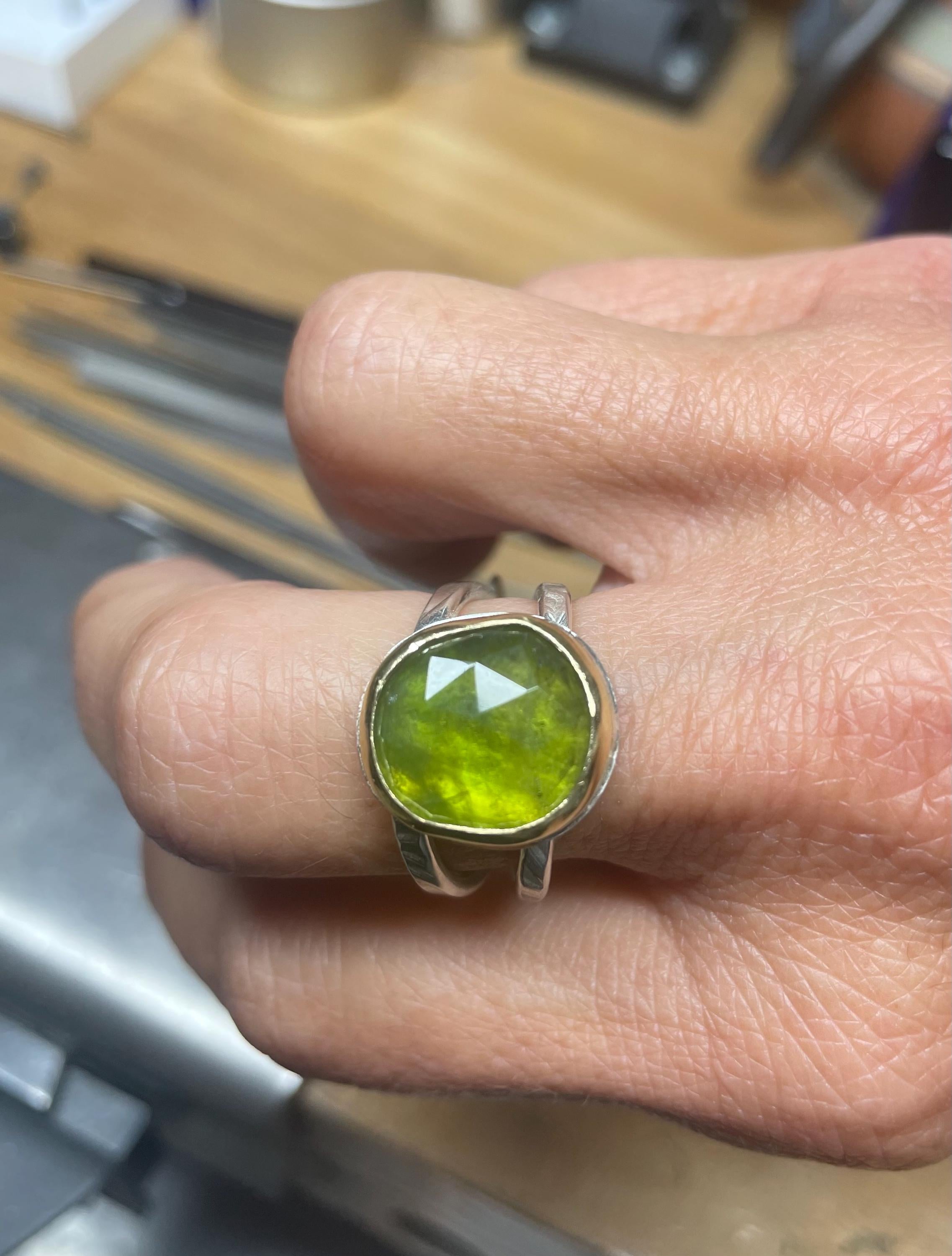 Rose Cut Vesuvianite Ring: Large Green Gemstone, Gold & Sterling Silver, US Size 9
