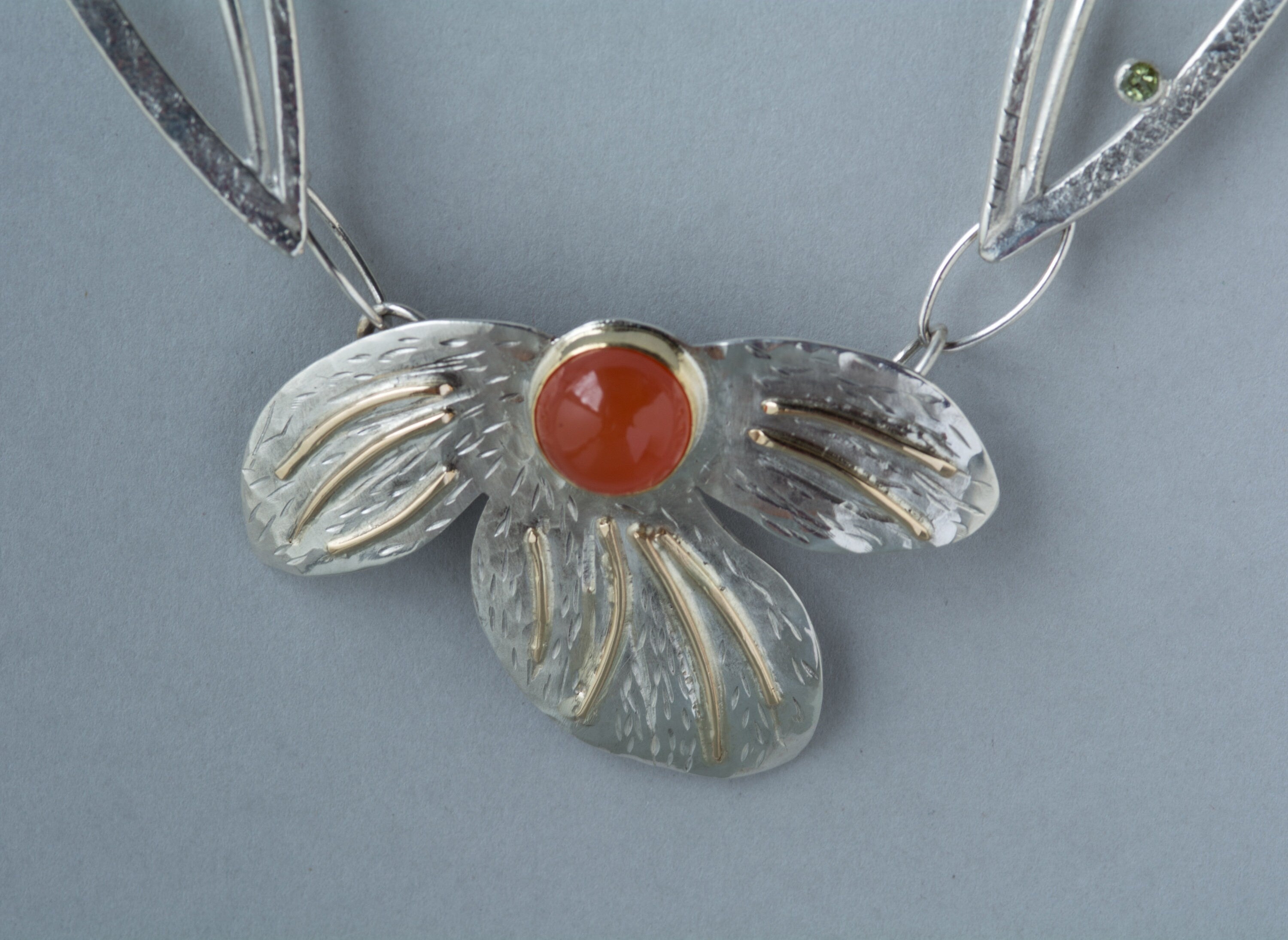 Handmade Floral Necklace: Silver, 14K Gold, Carnelian Statement Jewelry