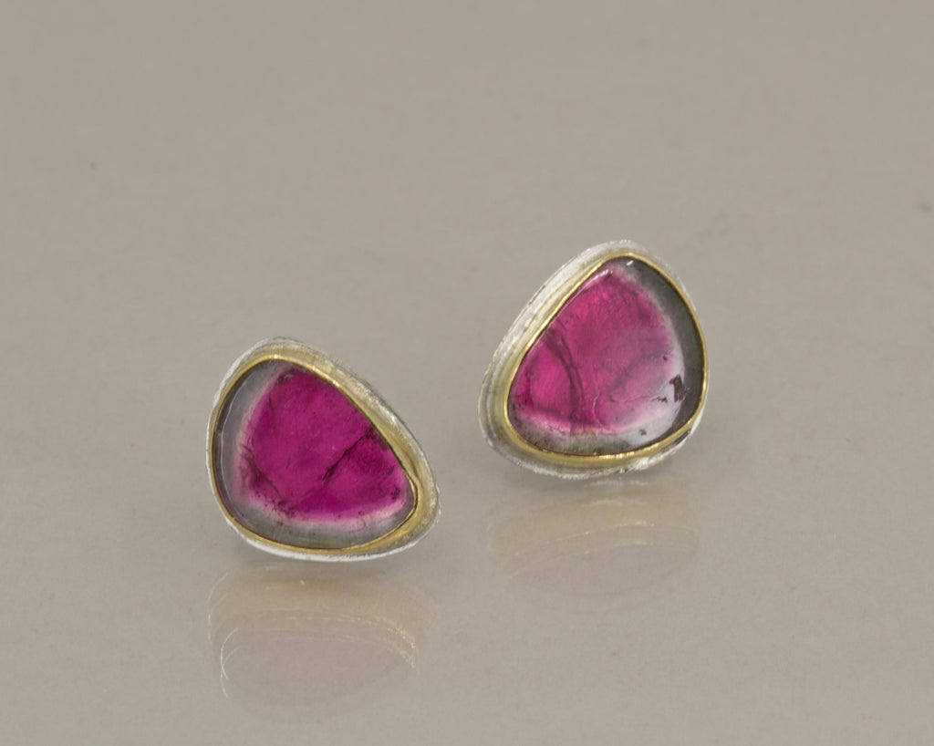 18K Gold Watermelon Tourmaline Earrings, Sterling Silver Back - October Birthstone