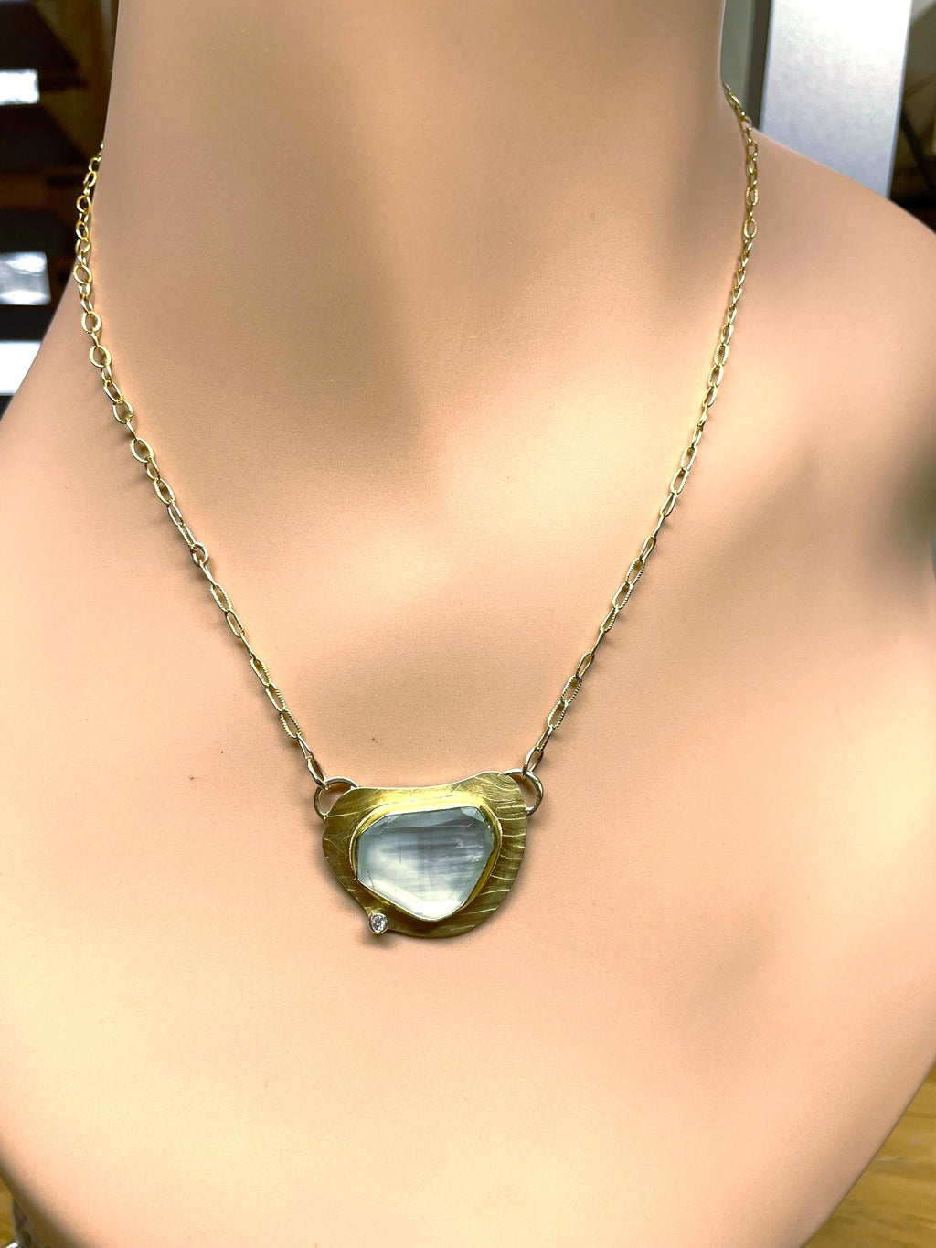 Aquamarine Necklace in Gold with Diamond, Textured Metal March Birthstone