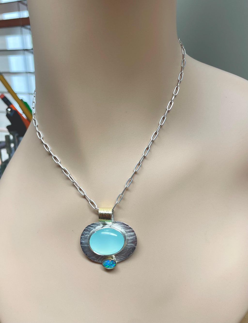 Aqua Chalcedony Opal Pendant: Sterling Silver, 18K Gold Statement Necklace