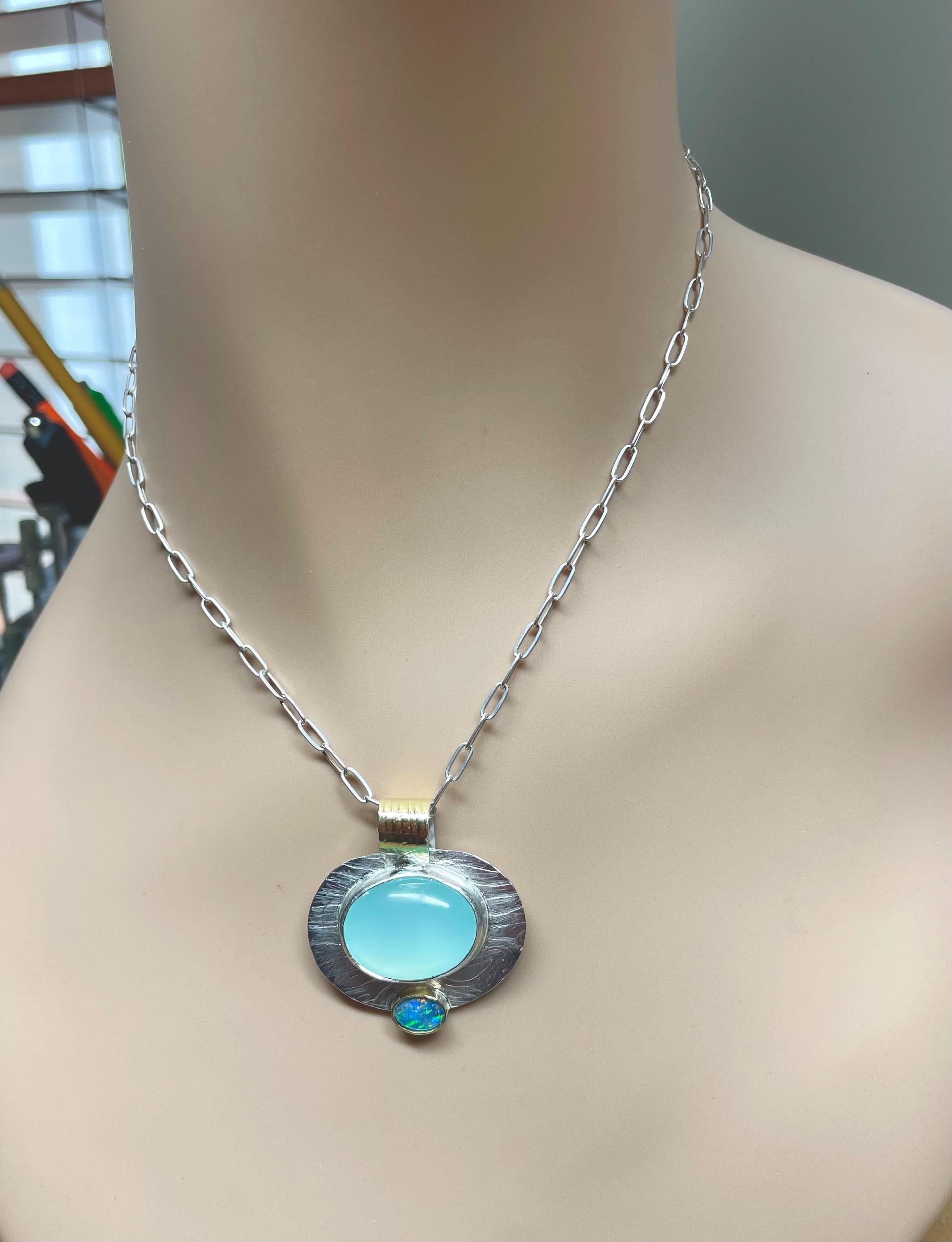 Aqua Chalcedony Opal Pendant: Sterling Silver, 18K Gold Statement Necklace