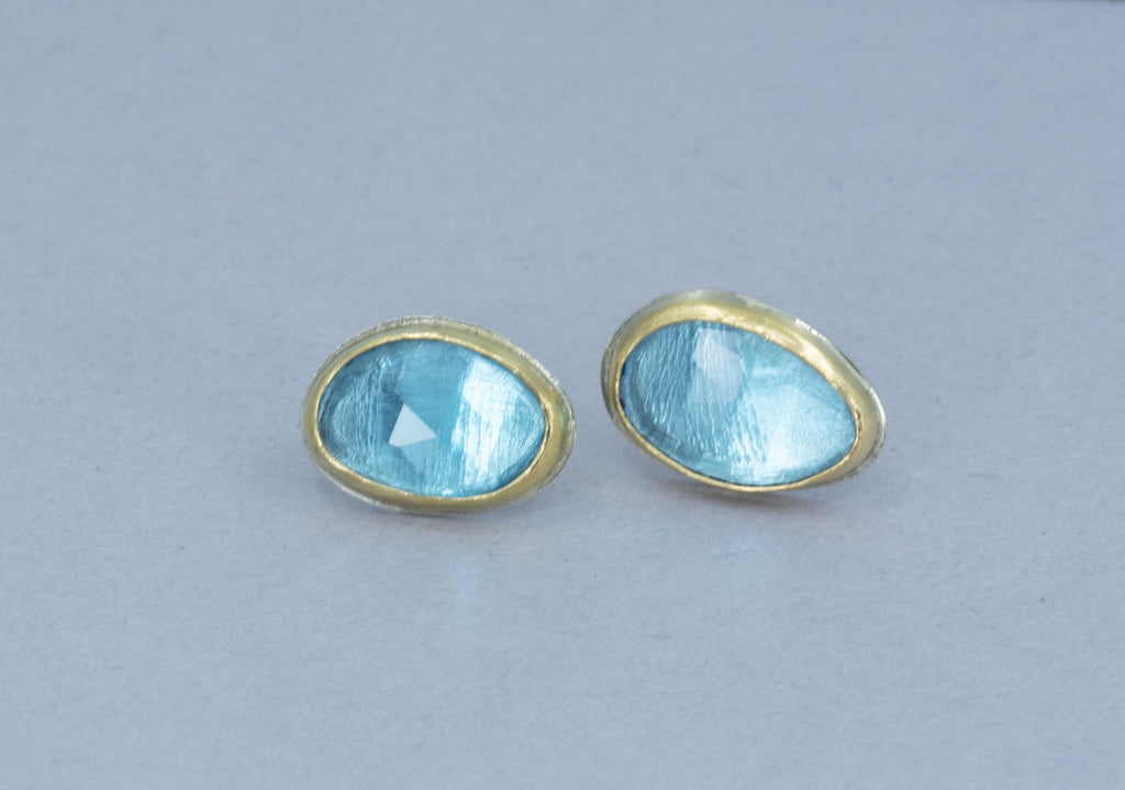 Blue Topaz Stud Earrings: 18k Gold Bezel, Argentium Silver