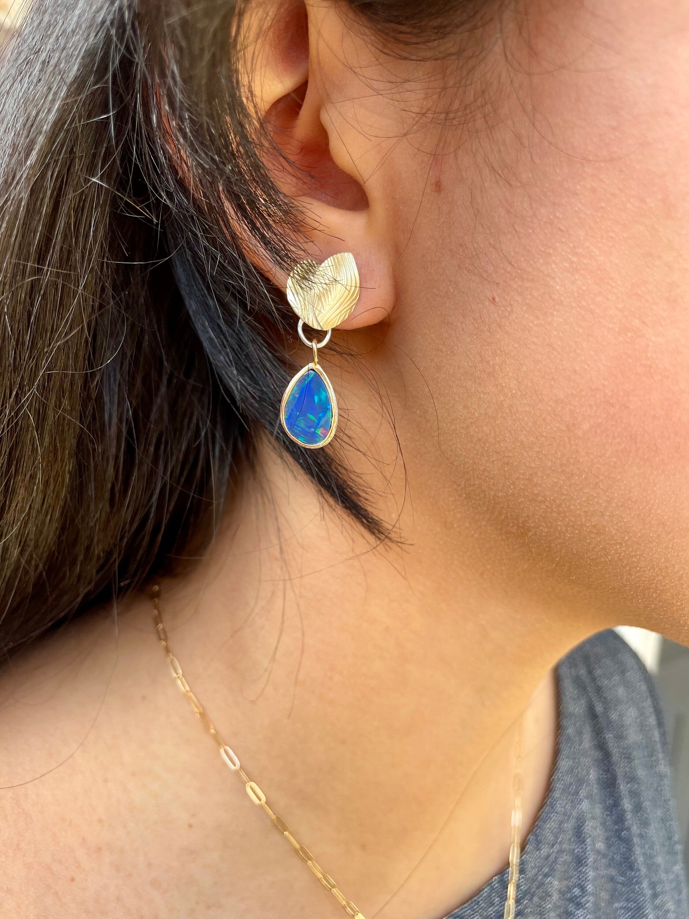 Australian Boulder Opal Dangle Earrings: 22K Gold Leaves, October Birthstone