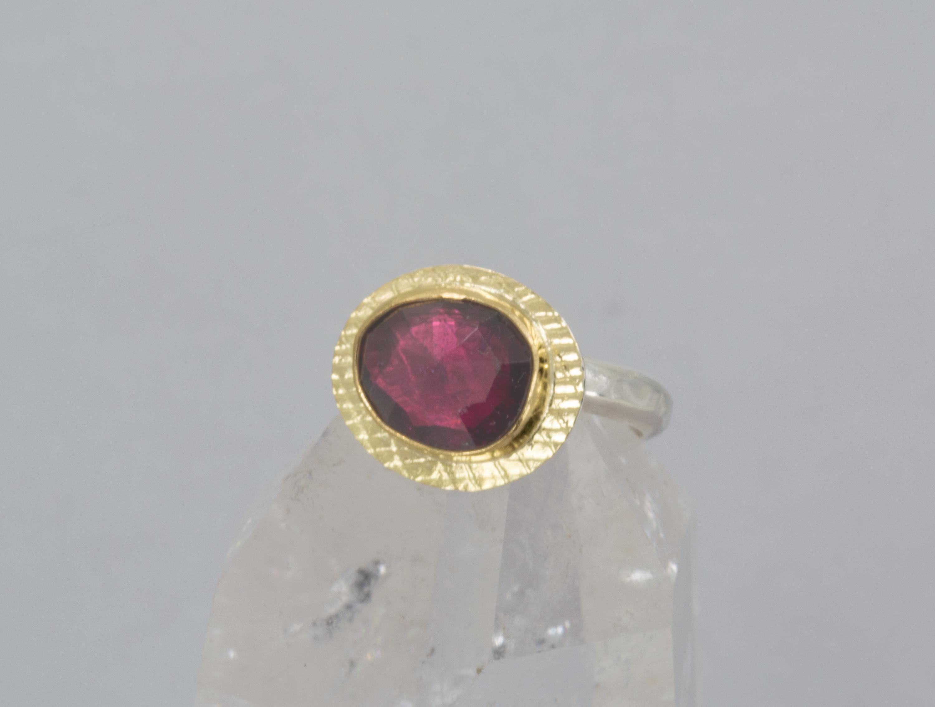 Rhodolite Garnet Ring: Rose Cut Gemstone, 18K Gold & Sterling Silver, US Size 6.5