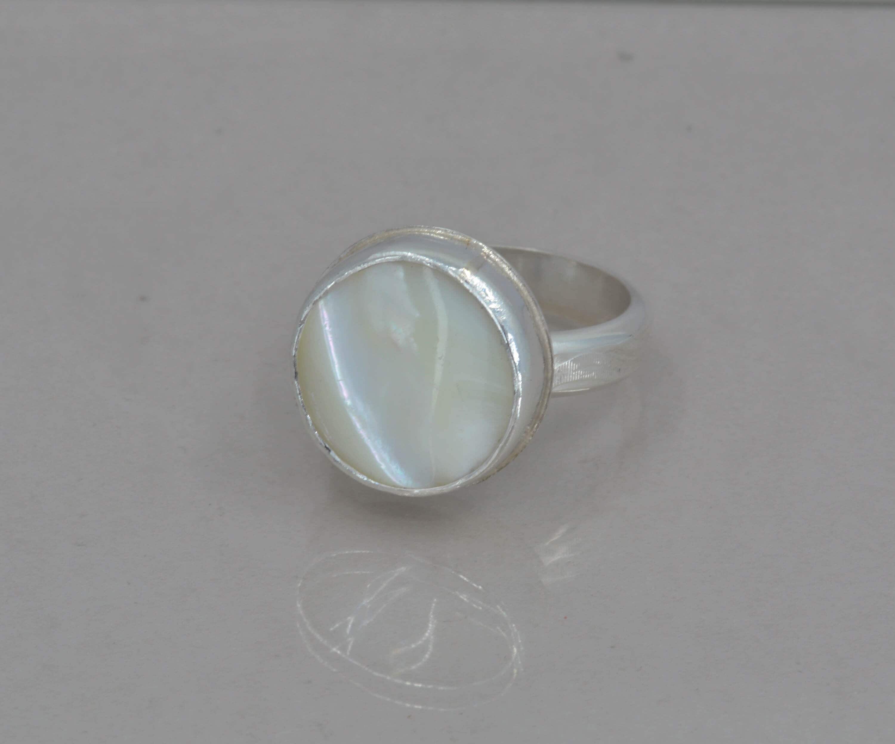 Large Mother of Pearl Sterling Silver Ring: Textured Band, Statement Jewelry
