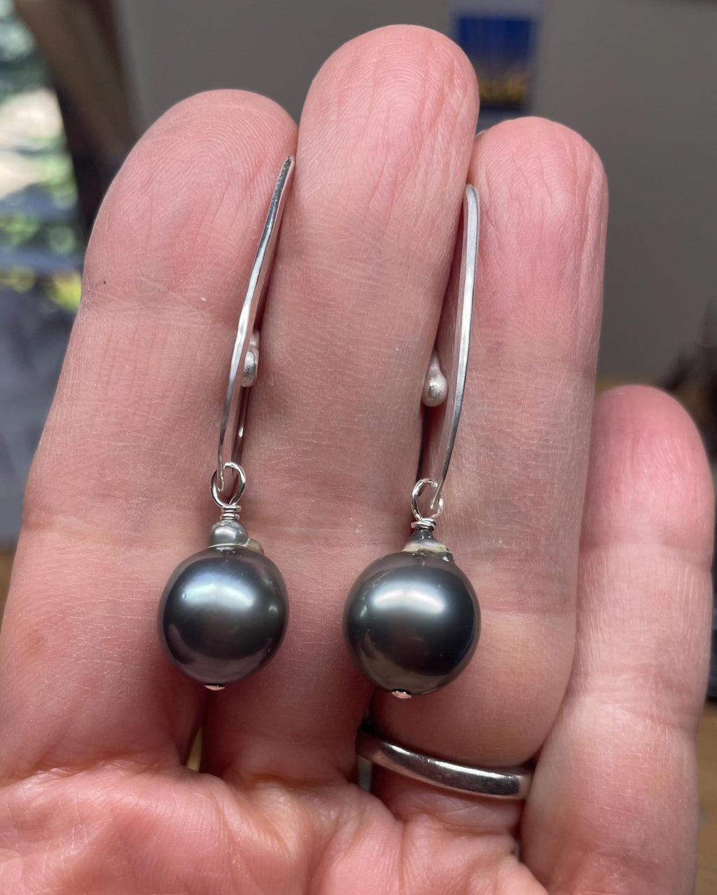 Black Tahitian Pearl Hoop Earrings: Handmade Argentium Sterling Silver