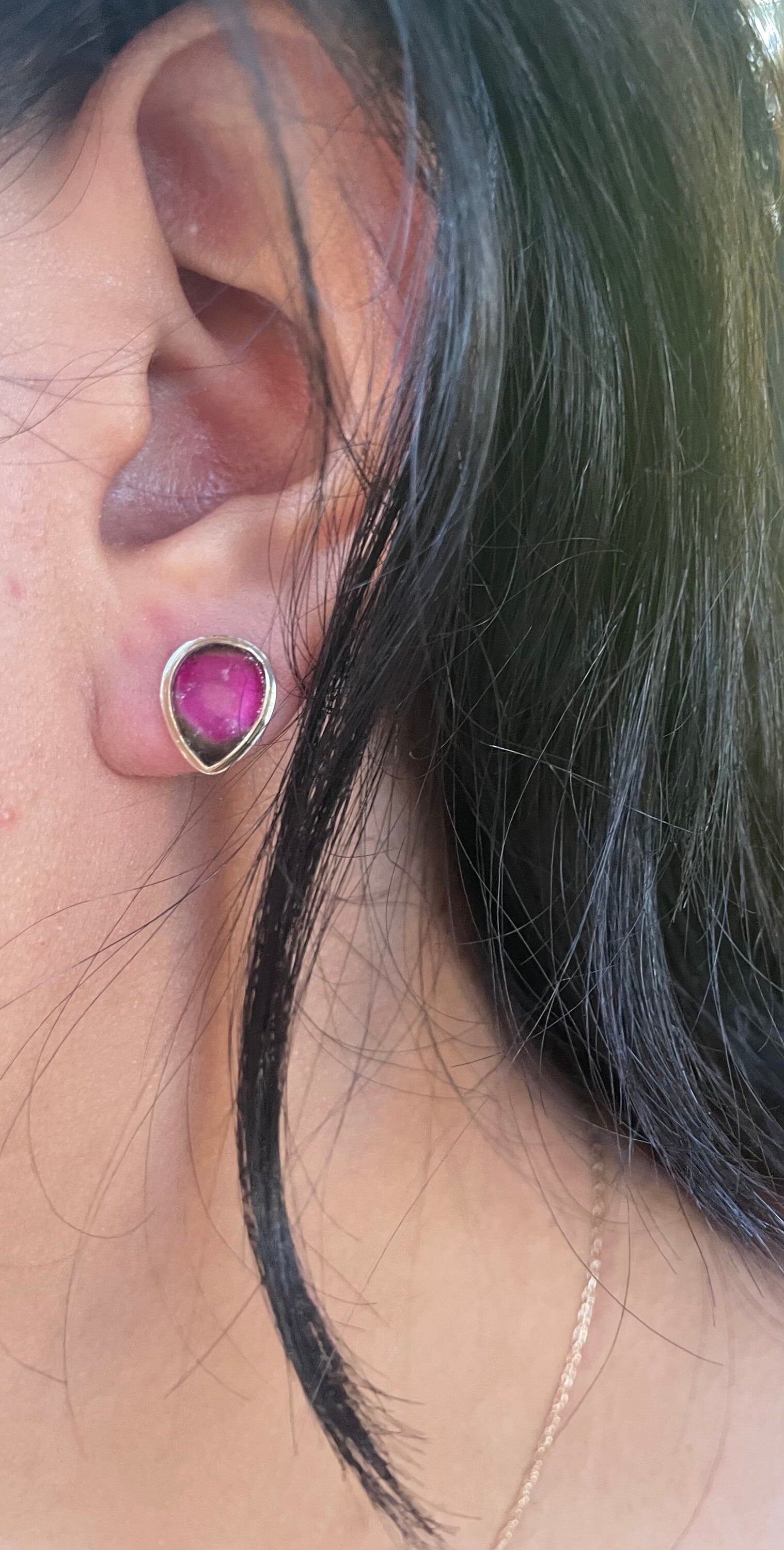 18K Gold Watermelon Tourmaline Earrings: Argentium Sterling Silver Studs