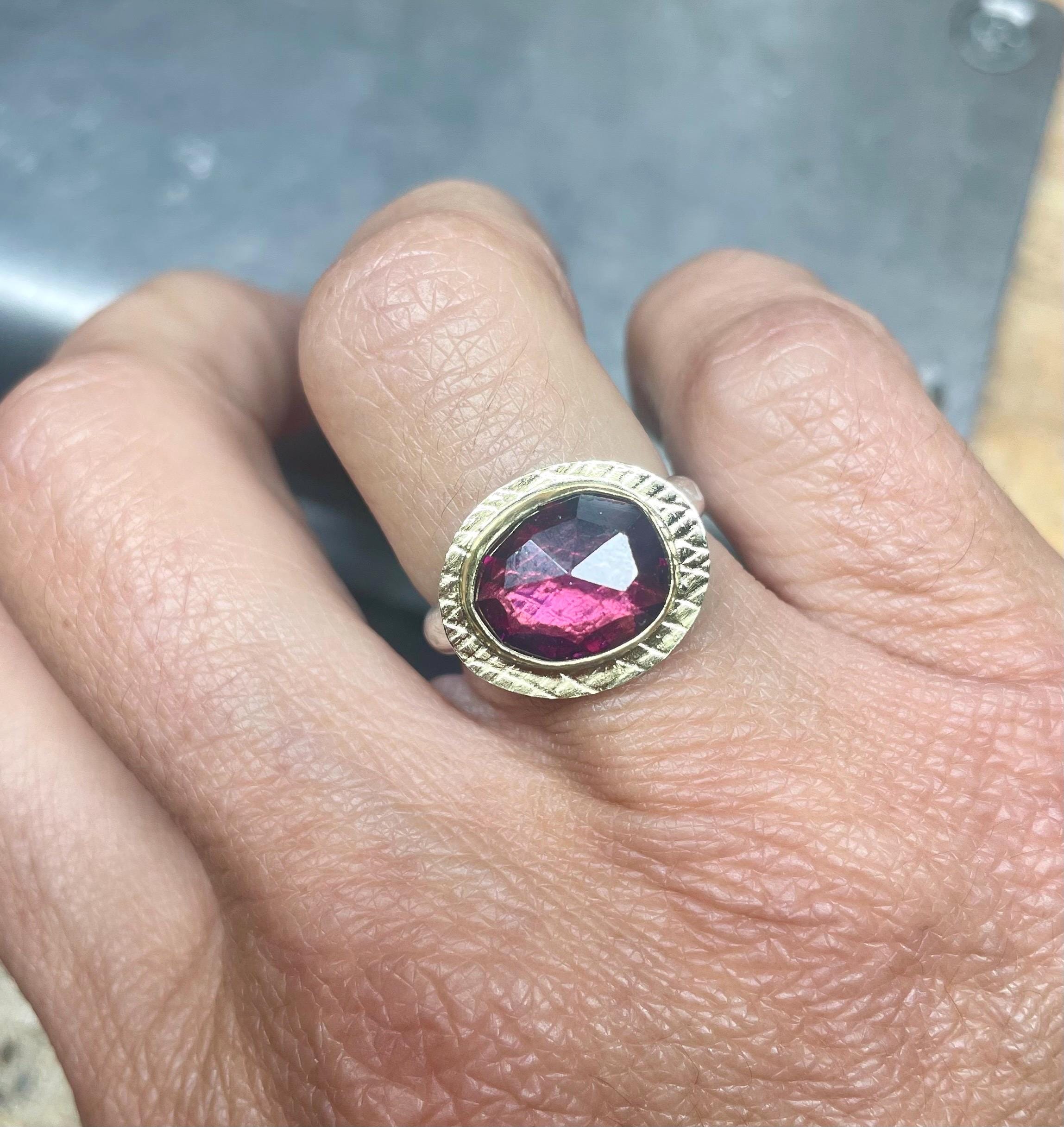 Rhodolite Garnet Ring: Rose Cut Gemstone, 18K Gold & Sterling Silver, US Size 6.5
