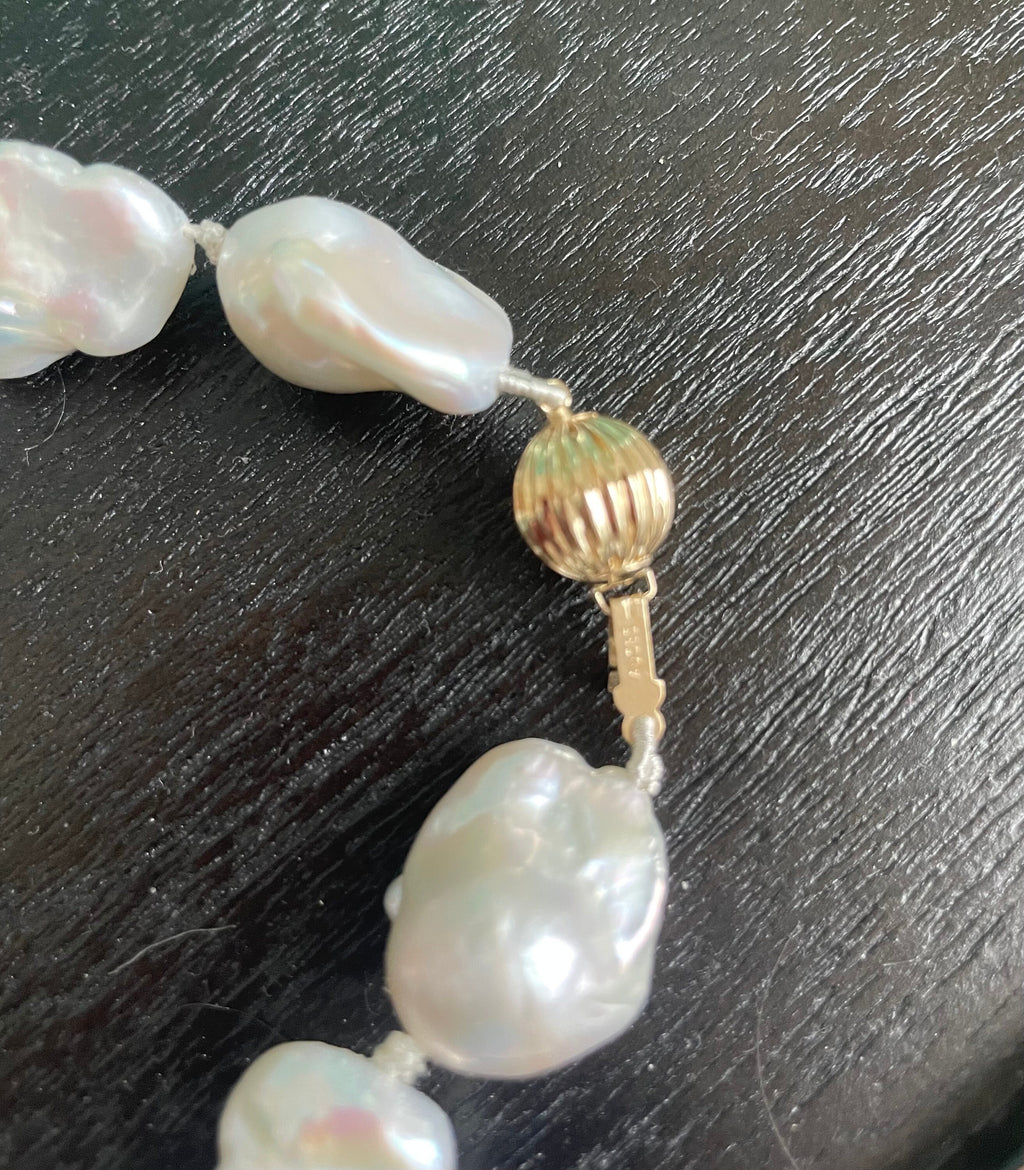 Large White Baroque Knotted Pearl Necklace with 14k Clasp, June birthstone