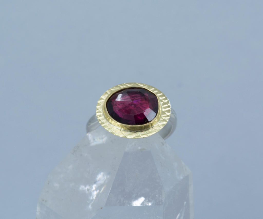 Rhodolite Garnet Ring: Rose Cut Gemstone, 18K Gold & Sterling Silver, US Size 6.5