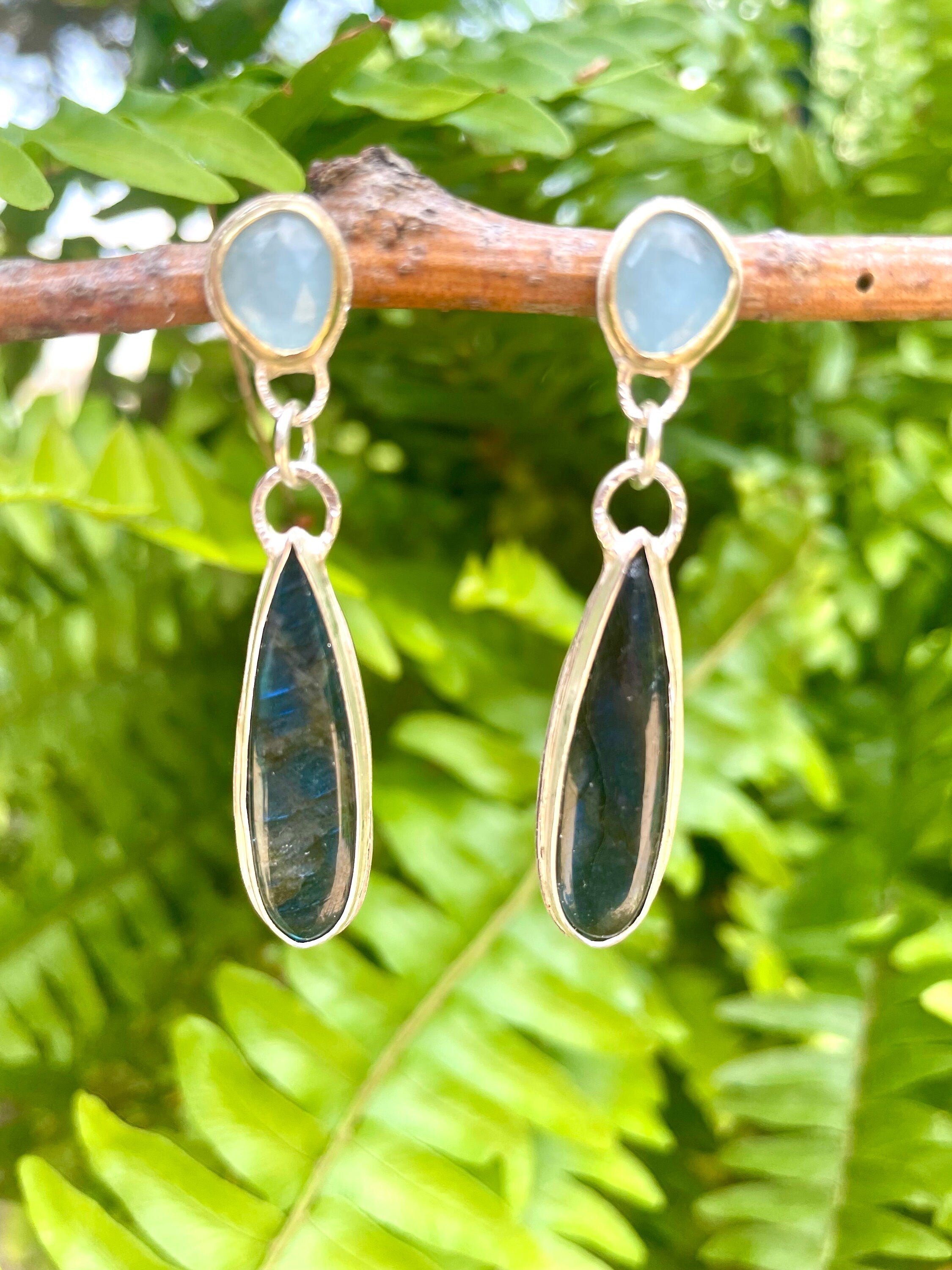 Labradorite and Aquamarine Statement Earrings, Long Dangle Earrings on Post