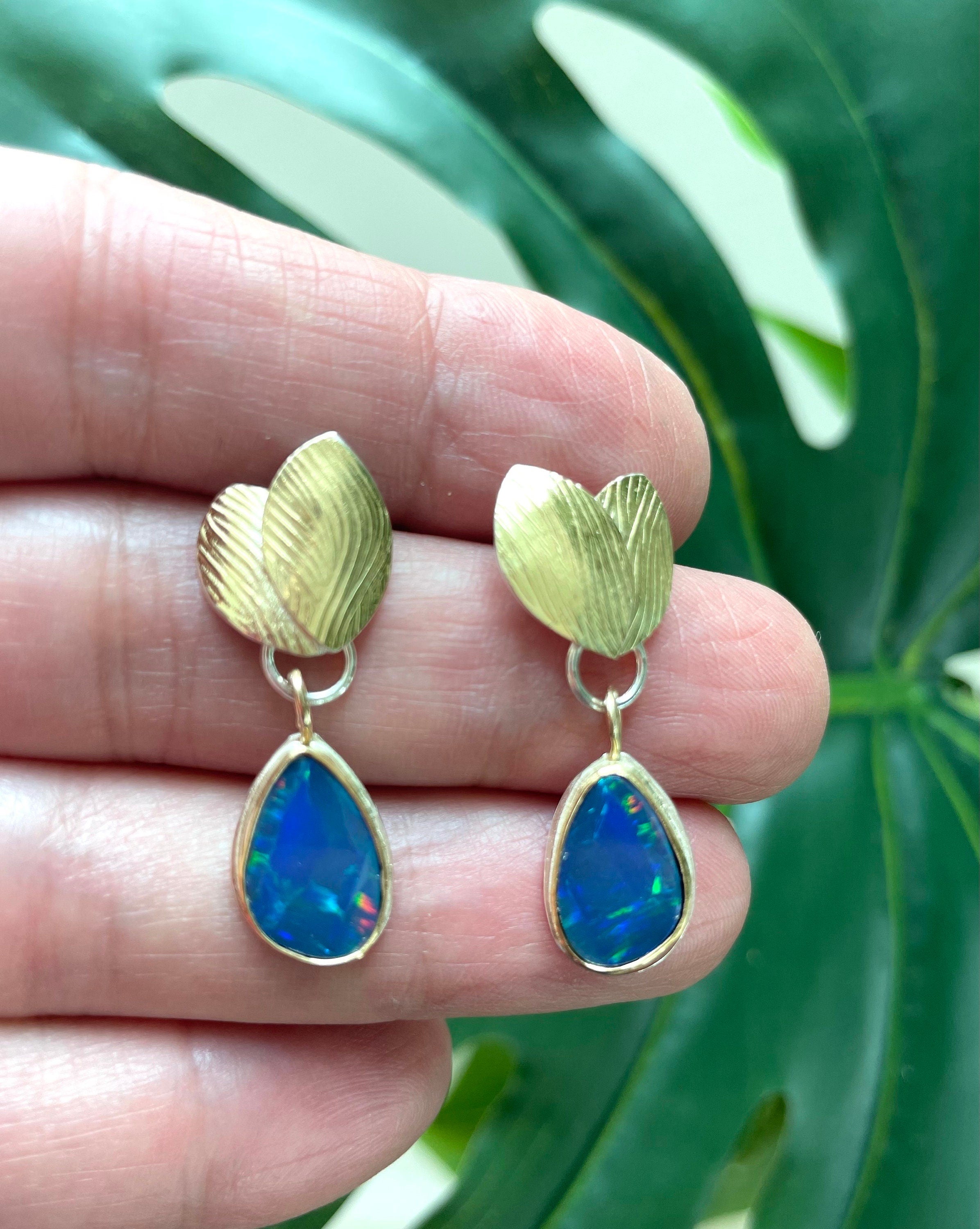 Australian Boulder Opal Dangle Earrings: 22K Gold Leaves, October Birthstone