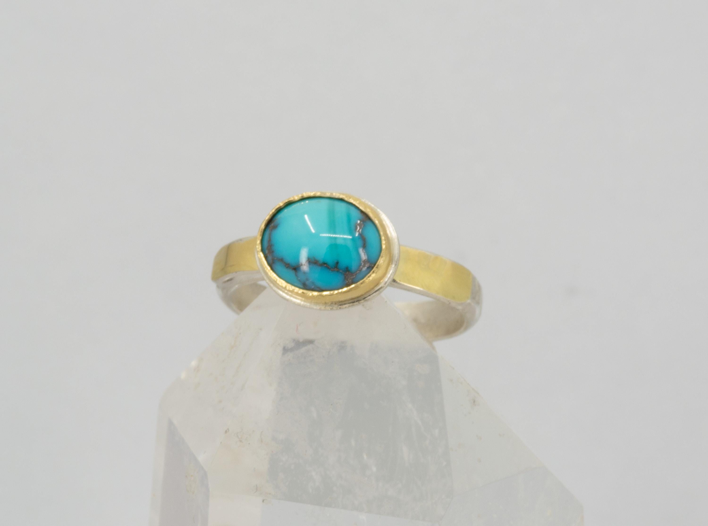 Arizona Turquoise Ring: 18K Gold & Sterling Silver, Blue Turquoise Cabochon, Size 8