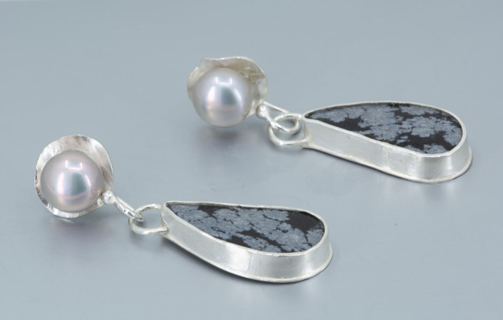 Snowflake Obsidian Drop Earrings: Argentium Sterling Silver, Pearl Posts