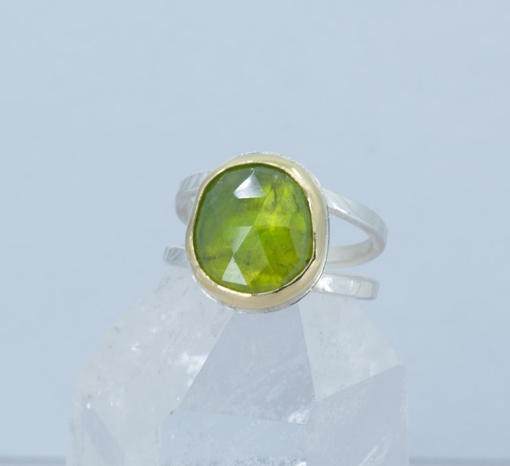 Rose Cut Vesuvianite Ring: Large Green Gemstone, Gold & Sterling Silver, US Size 9