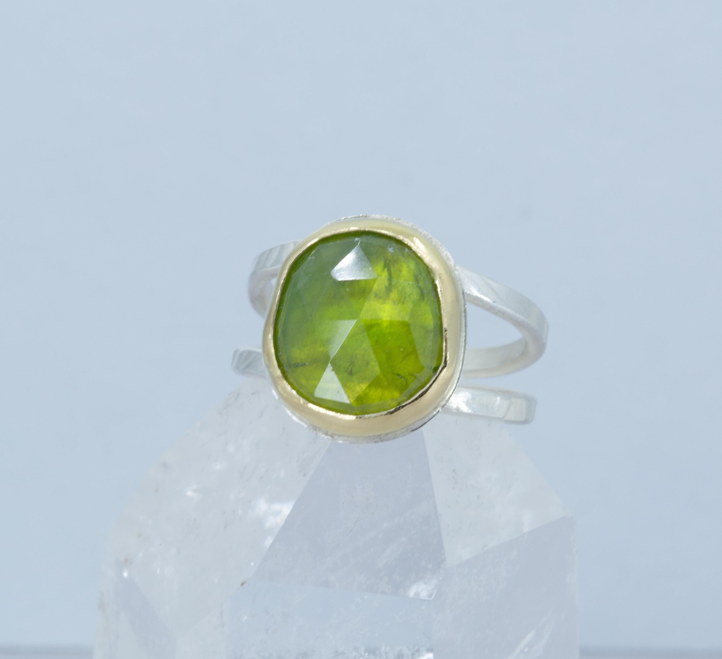 Rose Cut Vesuvianite Ring: Large Green Gemstone, Gold & Sterling Silver, US Size 9