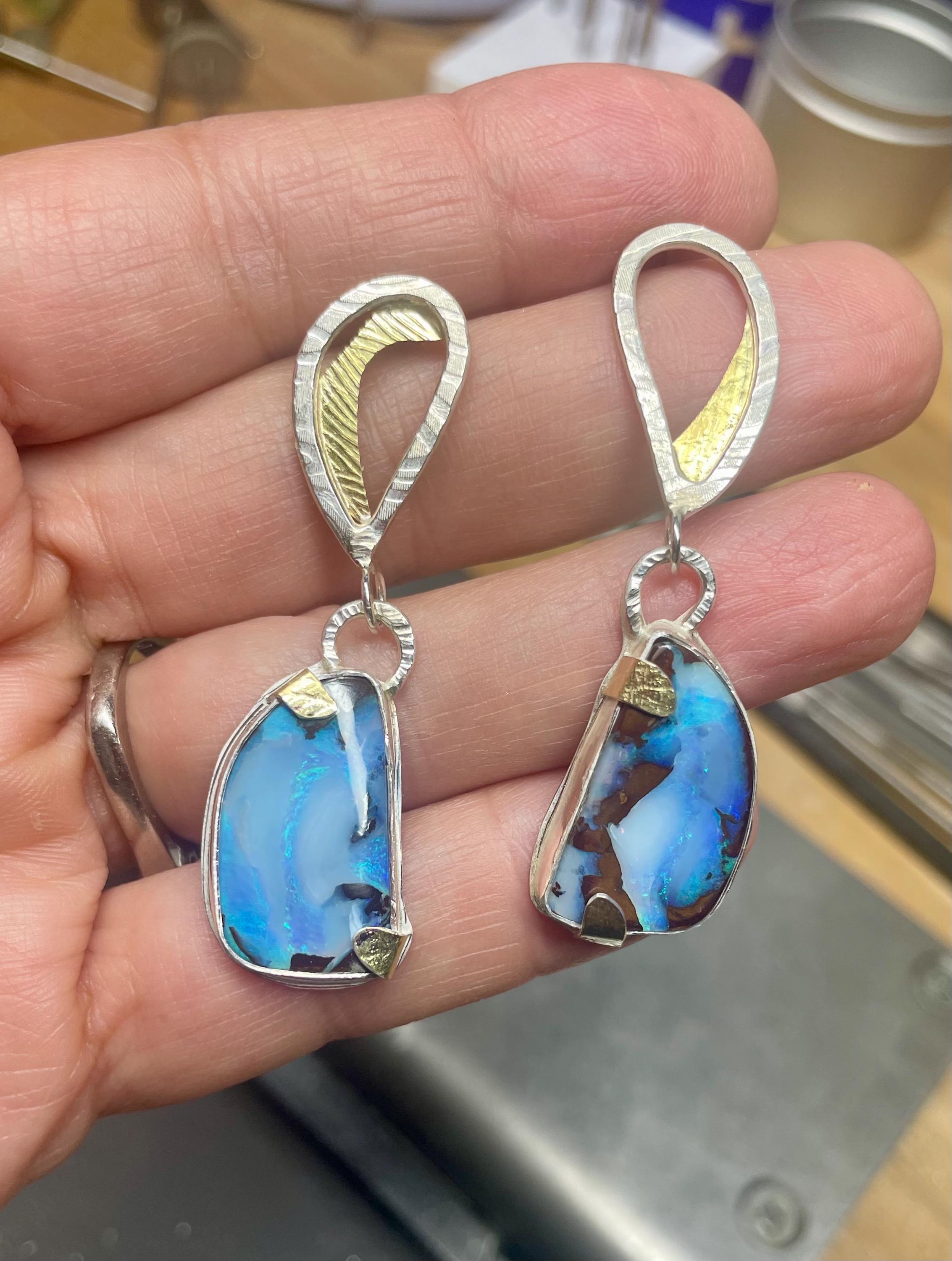 Boulder Opal Dangle Earrings: Silver & 18K Gold, Australian Gemstone