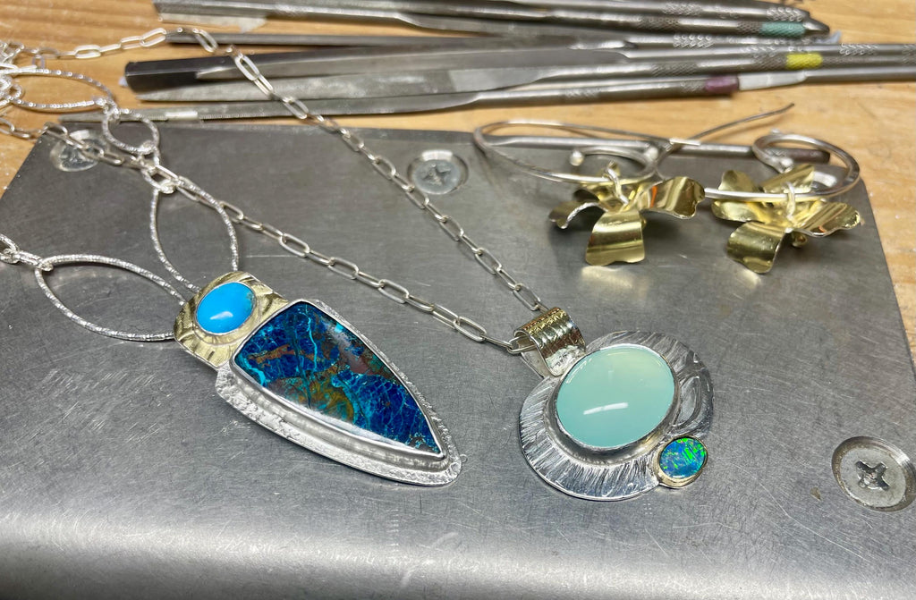 Aqua Chalcedony Opal Pendant: Sterling Silver, 18K Gold Statement Necklace