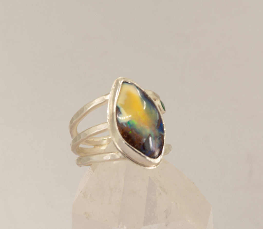 Boulder Opal Ring: Argentium Silver, Emerald Accent, US Size 7.5
