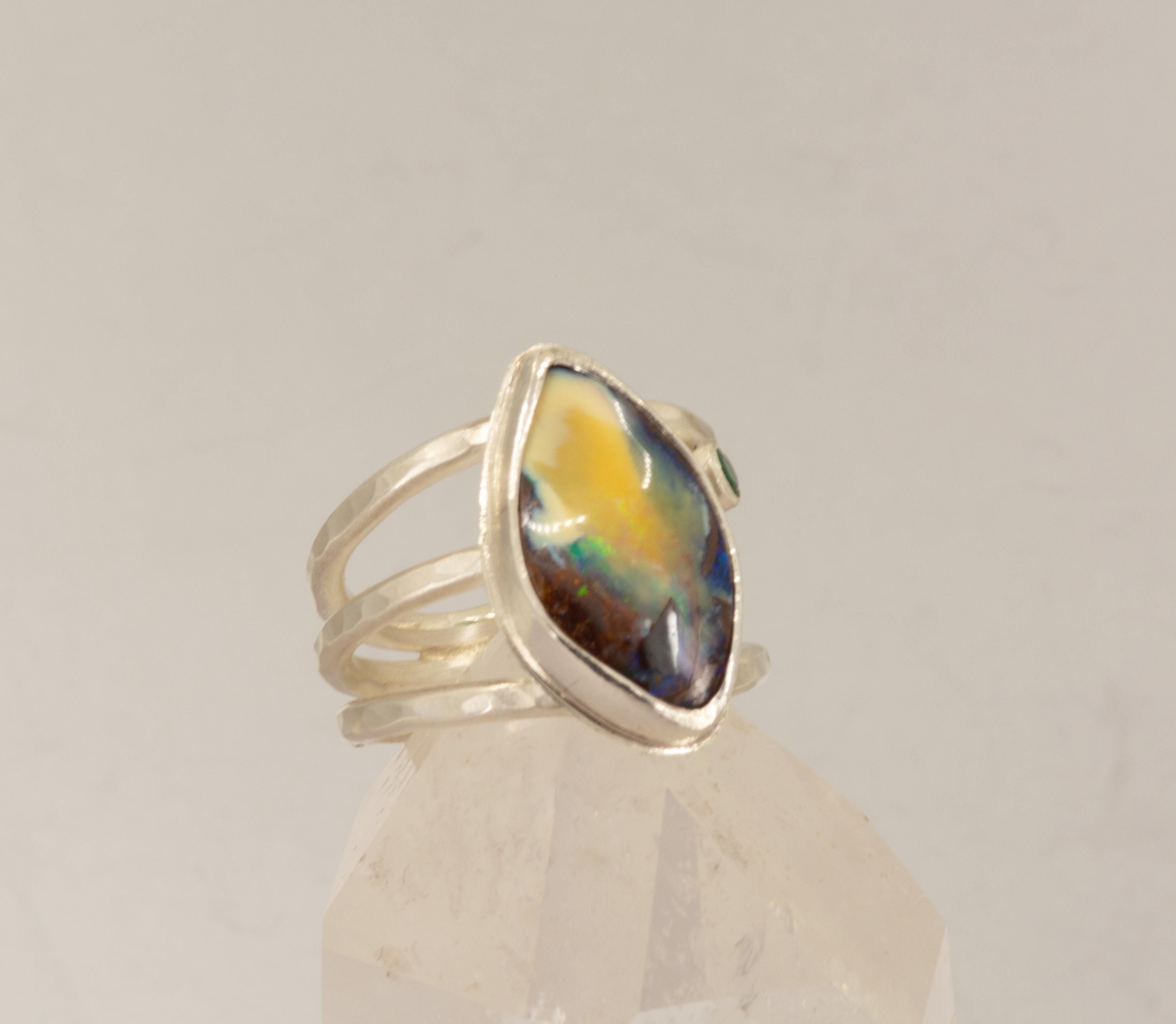 Boulder Opal Ring: Argentium Silver, Emerald Accent, US Size 7.5