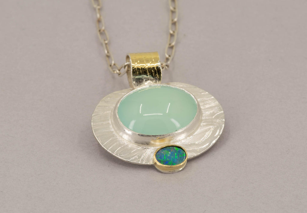 Aqua Chalcedony Opal Pendant: Sterling Silver, 18K Gold Statement Necklace