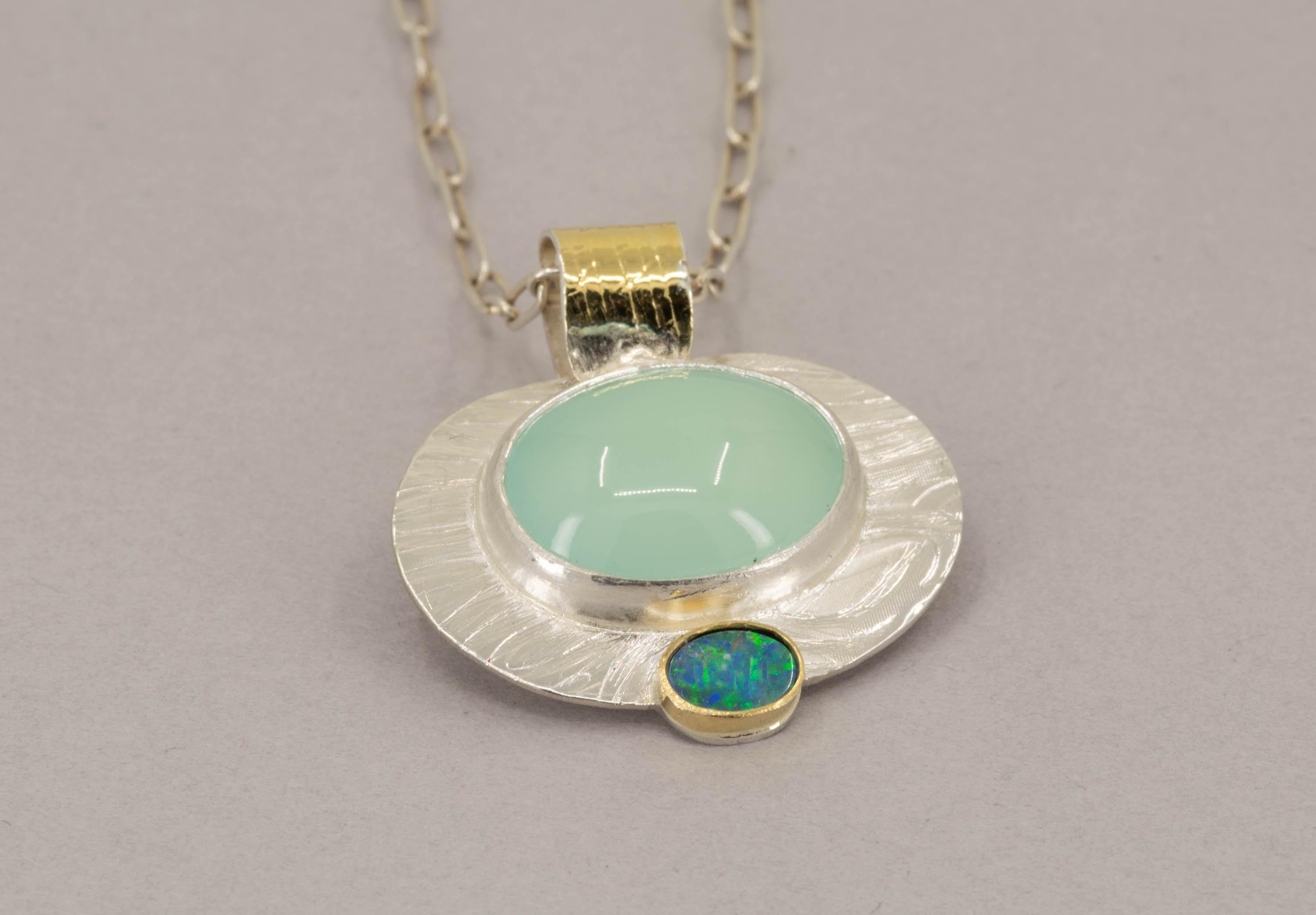 Aqua Chalcedony Opal Pendant: Sterling Silver, 18K Gold Statement Necklace