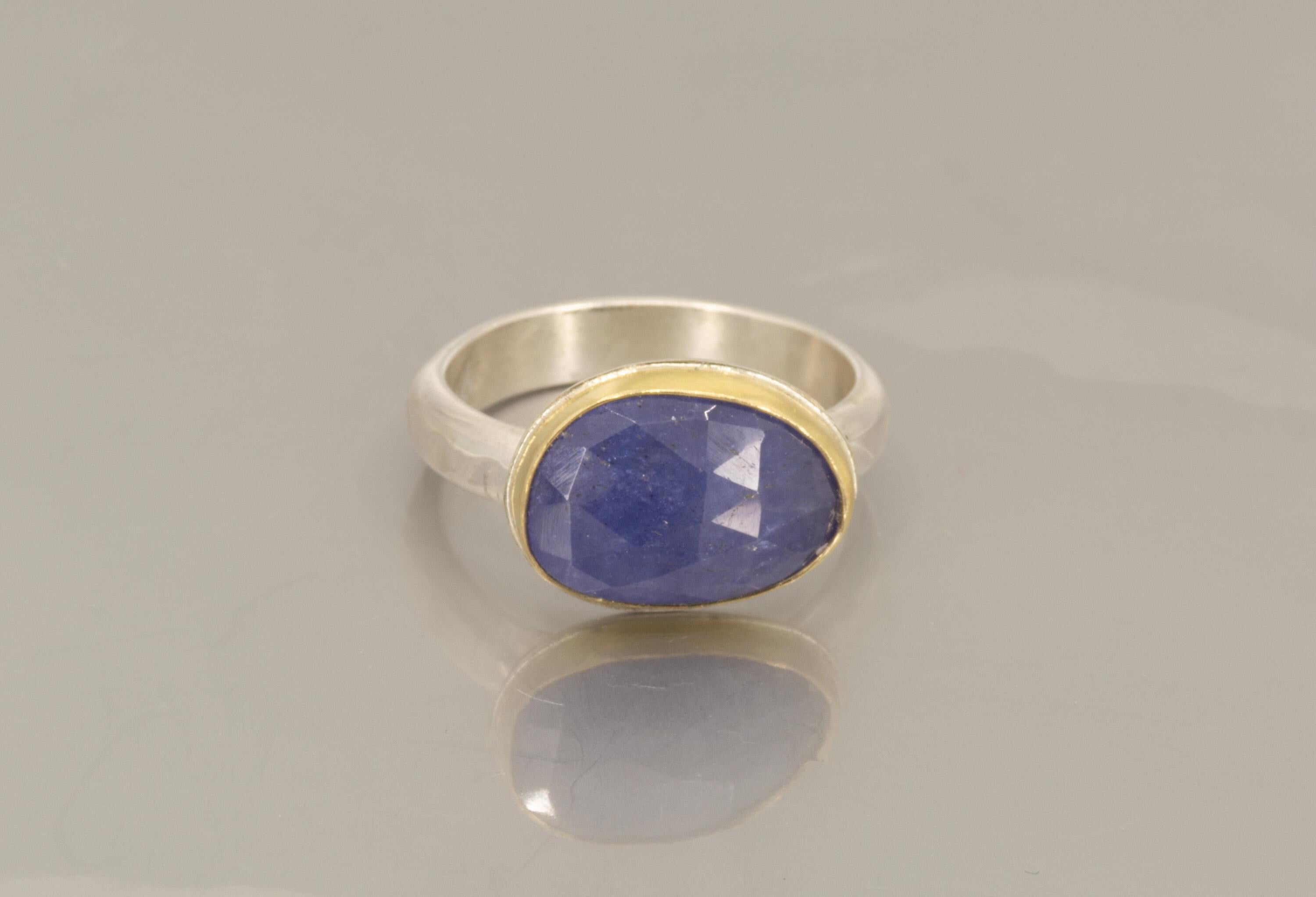 Large Rose cut Tanzanite Ring in Gold and Sterling, Statement Ring, US Size 9