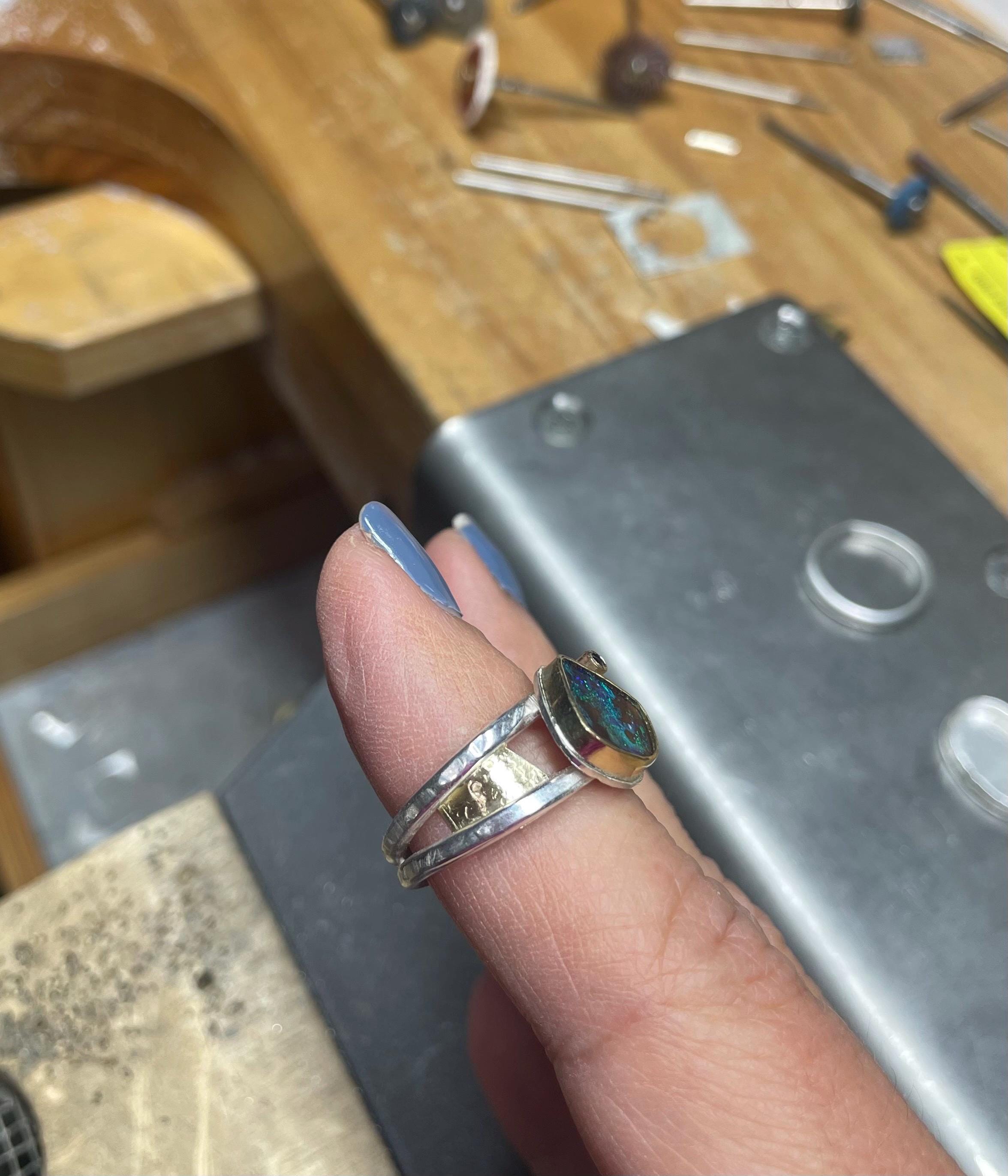 Australian Boulder Opal Ring: Argentium Sterling Silver and Gold, Green Tourmaline - Size 7