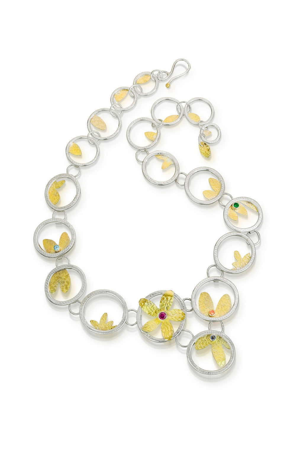 Artisan Floral Necklace: 18K Gold, Sterling Silver Chain Link, Gemstone Flowers