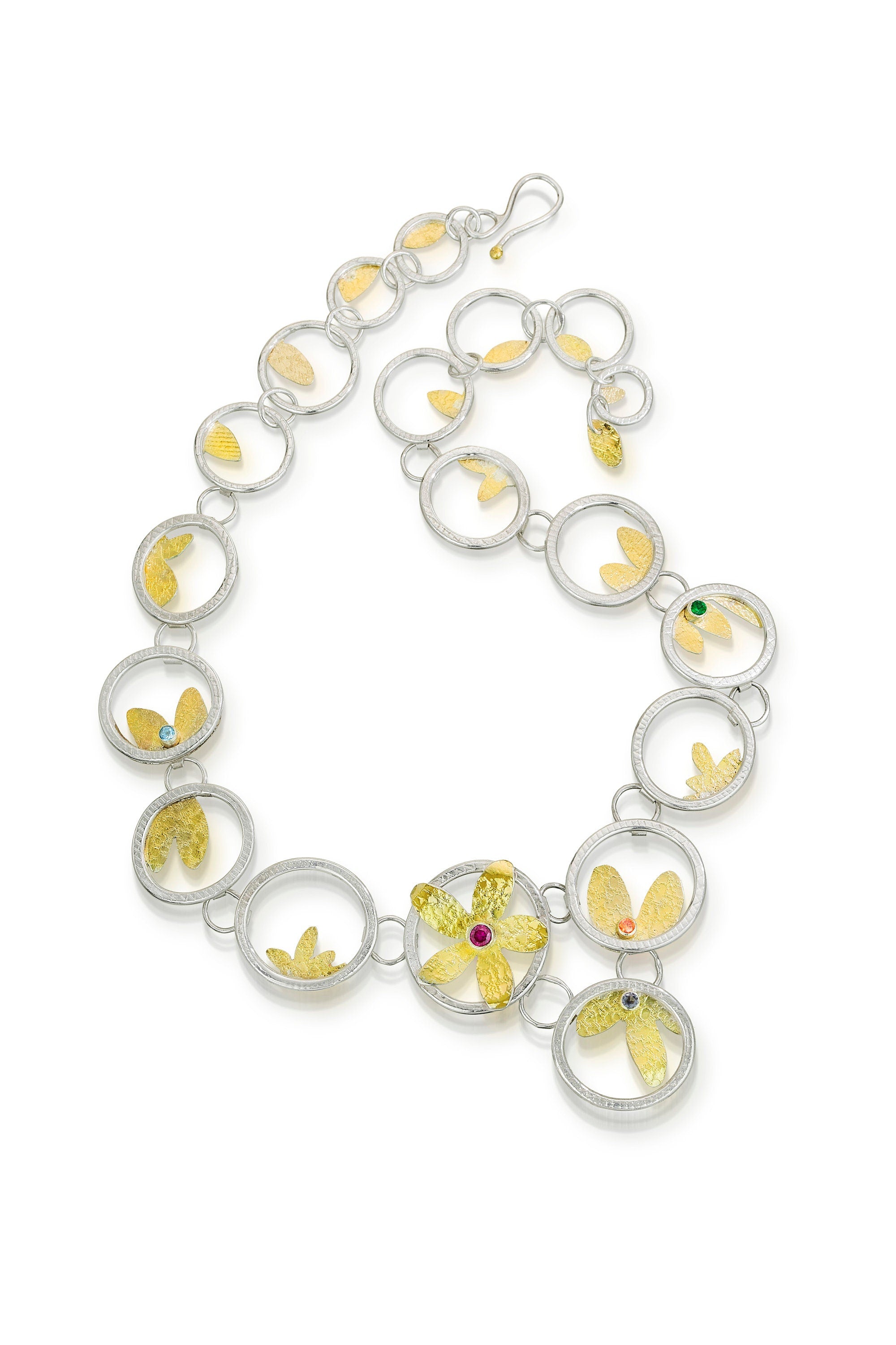 Artisan Floral Necklace: 18K Gold, Sterling Silver Chain Link, Gemstone Flowers