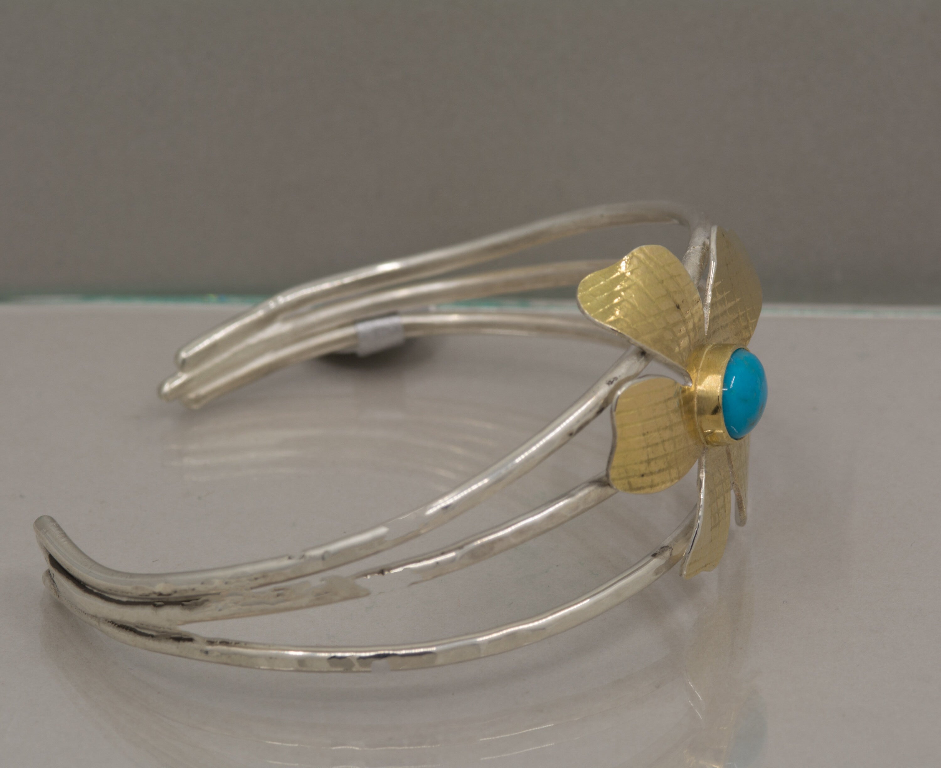 Floral Turquoise Cuff: 18K Gold Sterling Silver Bracelet